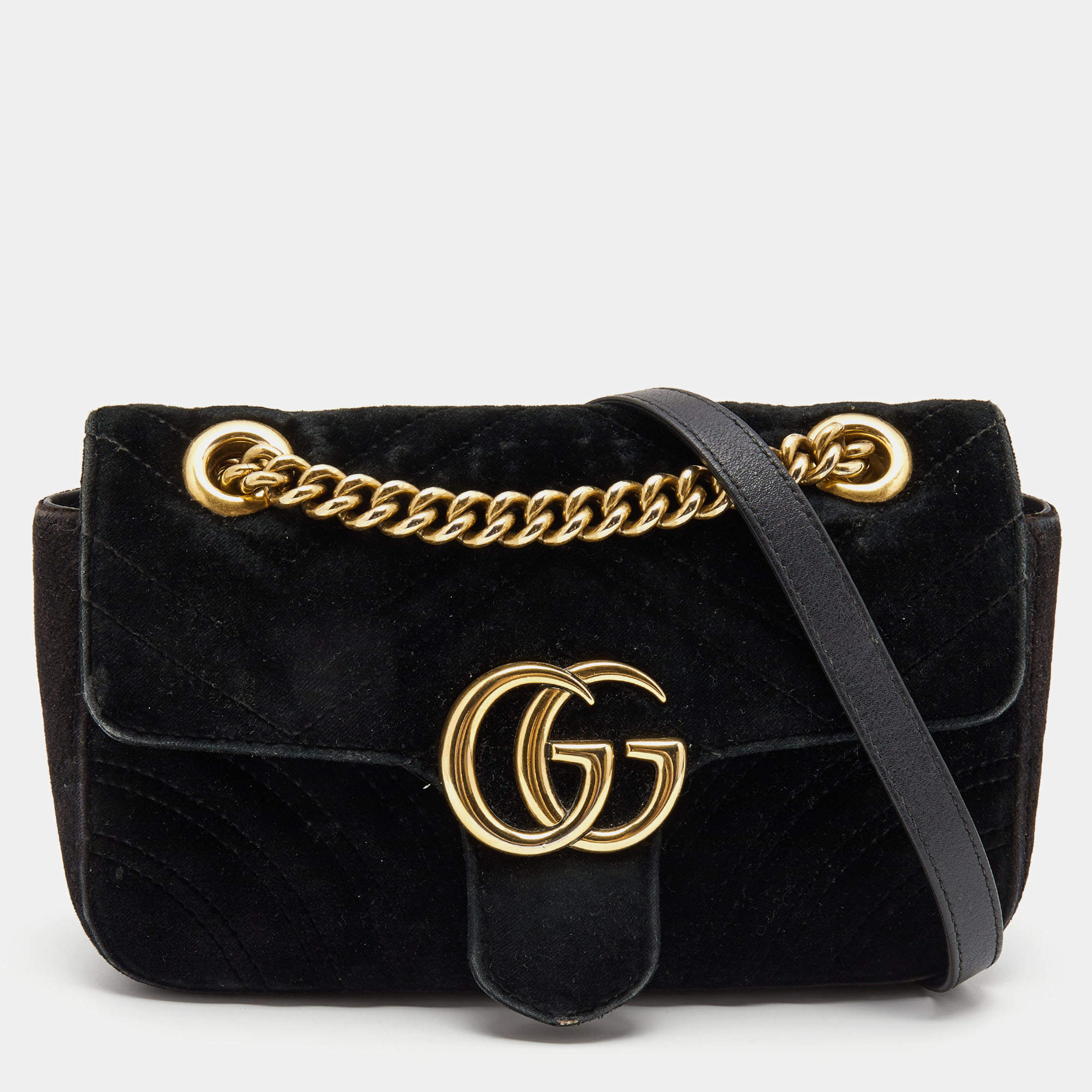 مملوكة مسبقًا Gucci Black Matelassé Velvet and Leather Mini GG Marmont Shoulder Bag