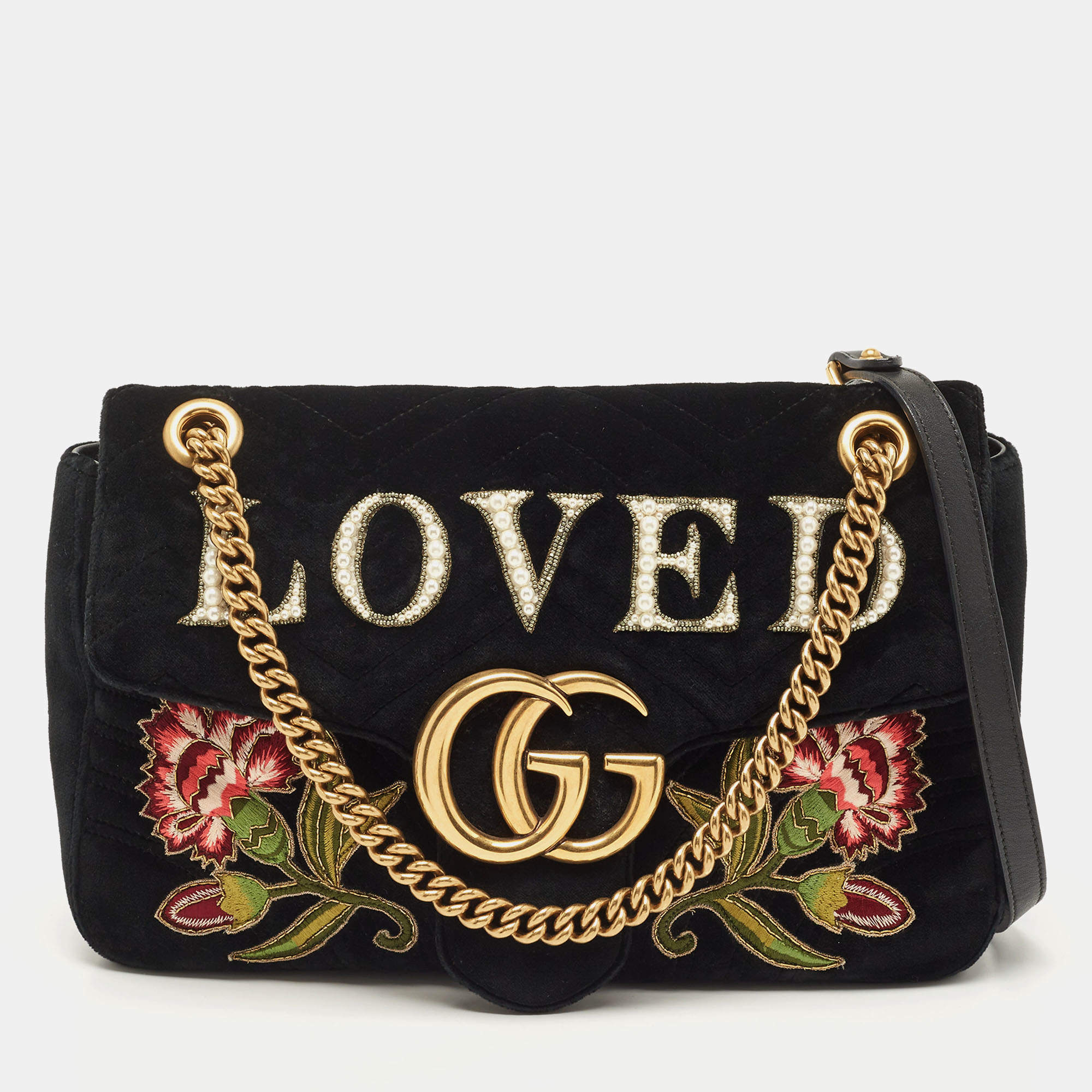 Pre Owned Gucci Black Love Embroidered Matelassé Velvet Medium GG Marmont Shoulder Bag