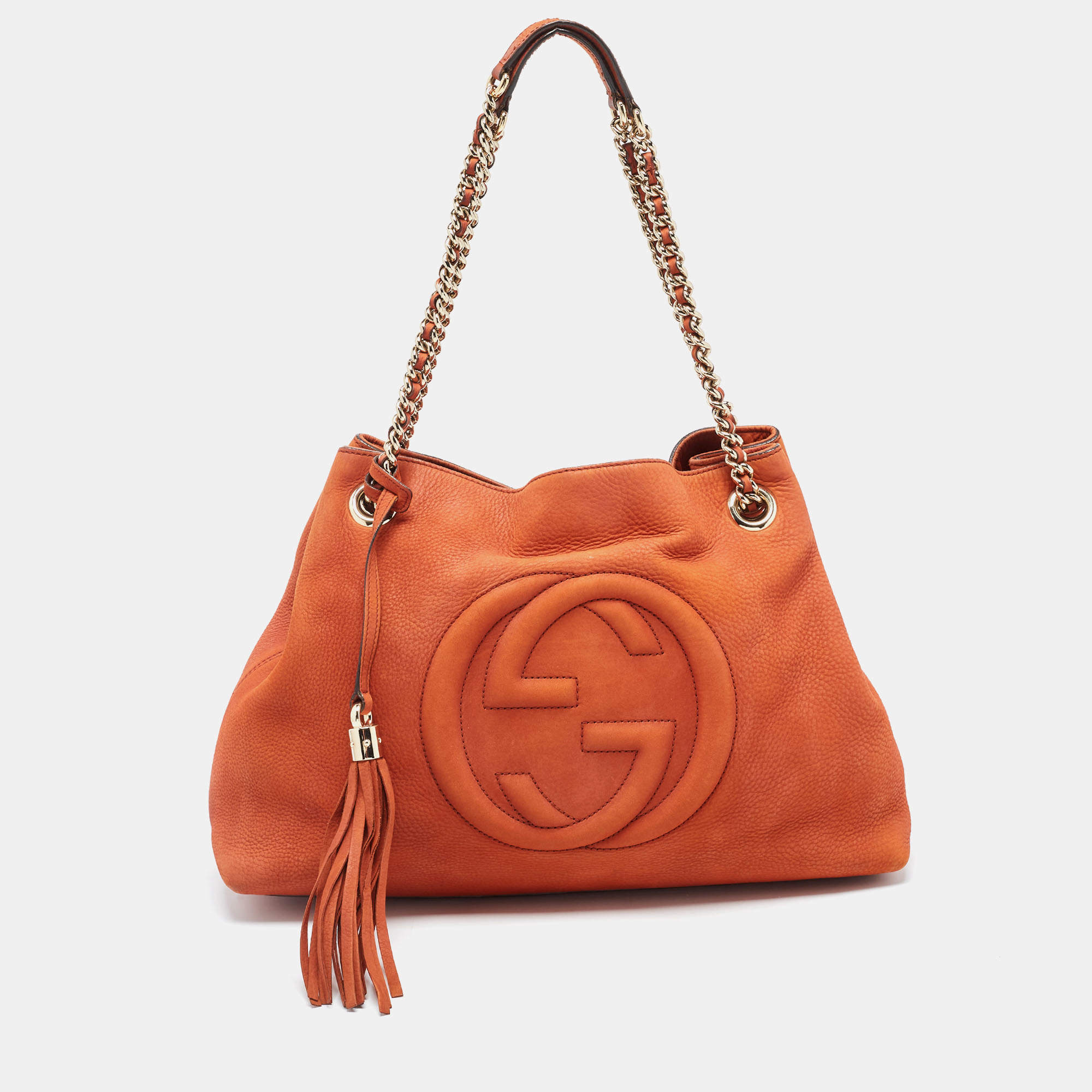 GUCCI Soho Red Gold Chain Shoulder Bag leather Tote Double G Gucci