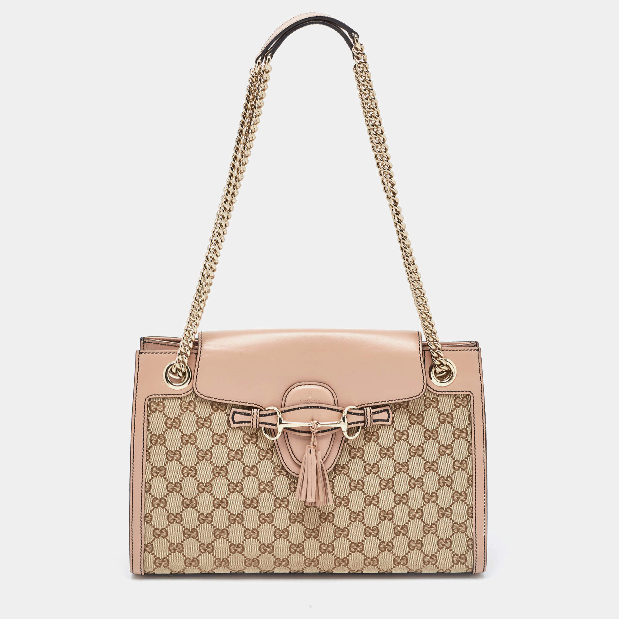 Pre Owned Gucci Beige/Pink GG Canvas And Leather Large Emily Chain Shoulder Bag