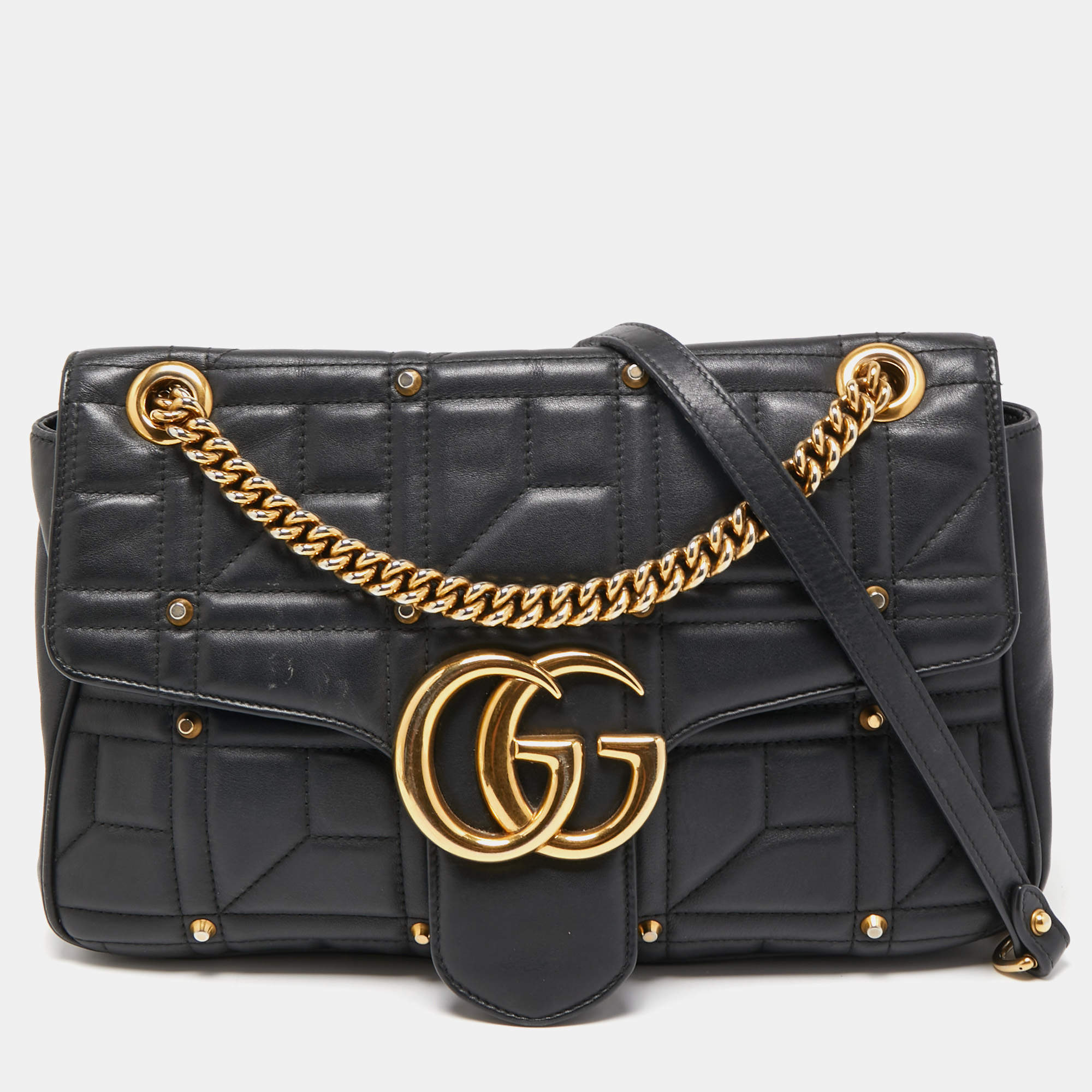 Gucci Black Quilted Leather Medium GG Marmont Studded Shoulder Bag