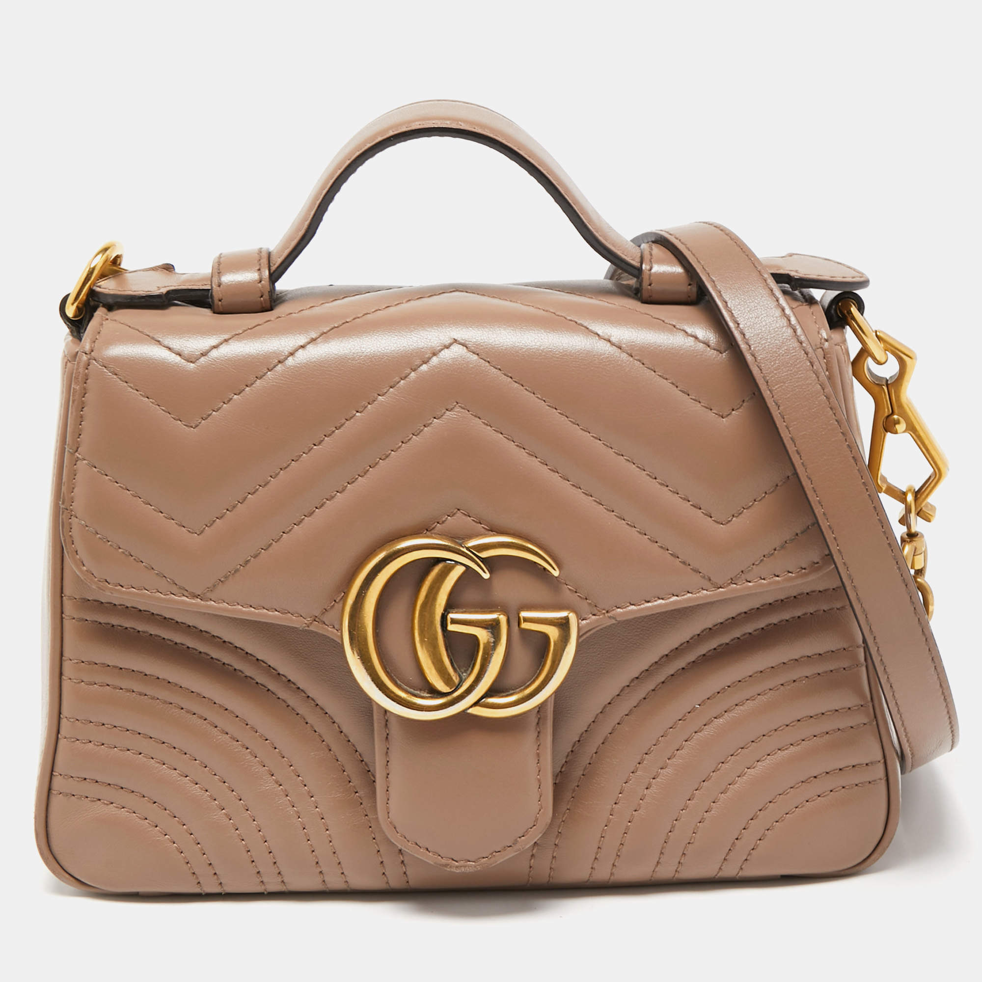 Pre Owned Gucci Beige Matelasse Leather Mini GG Marmont Top Handle Bag