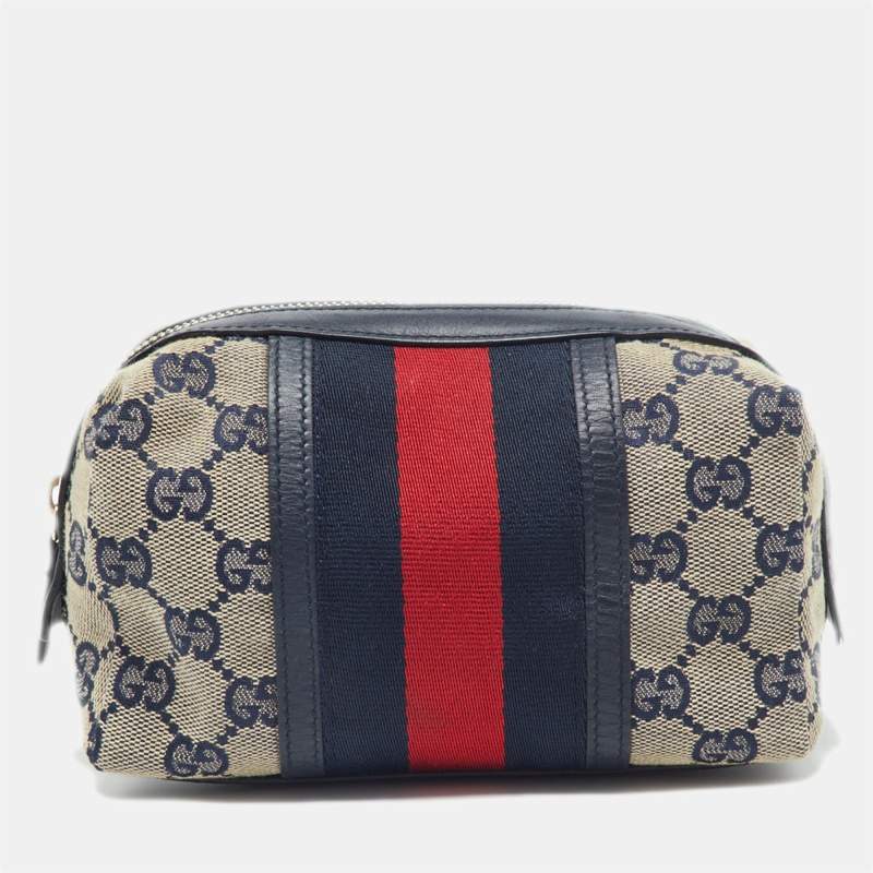 Gucci Beige/Blue GG Canvas and Leather Web Cosmetic Pouch