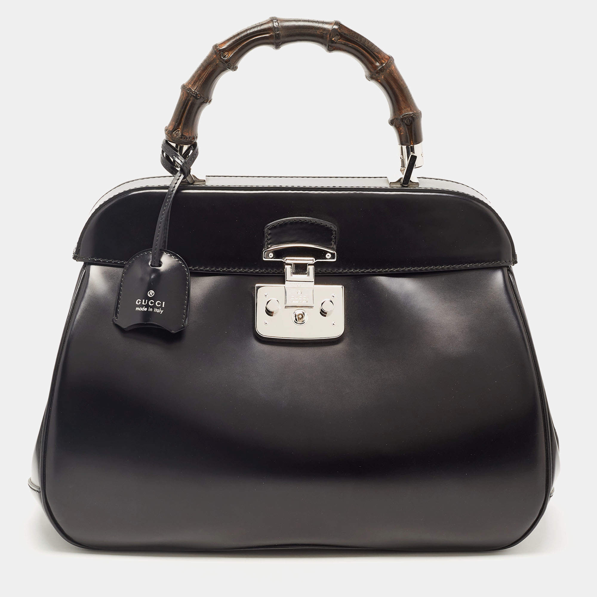 Pre Owned Gucci Black Patent Leather Large Lady Lock Bamboo Top Handle Bag