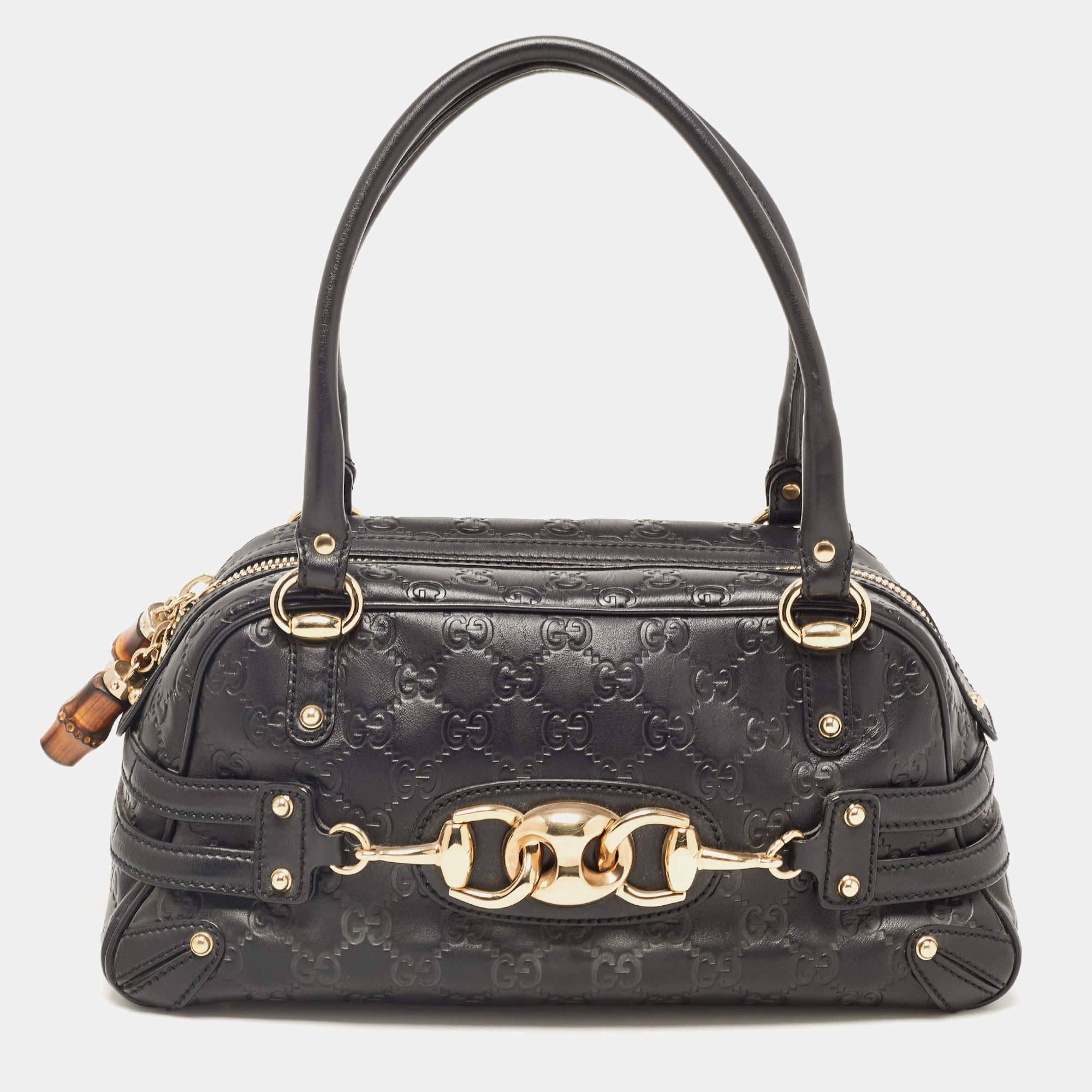 Pre Owned Gucci Black Leather Guccissima Horsebit Wave Boston Bag