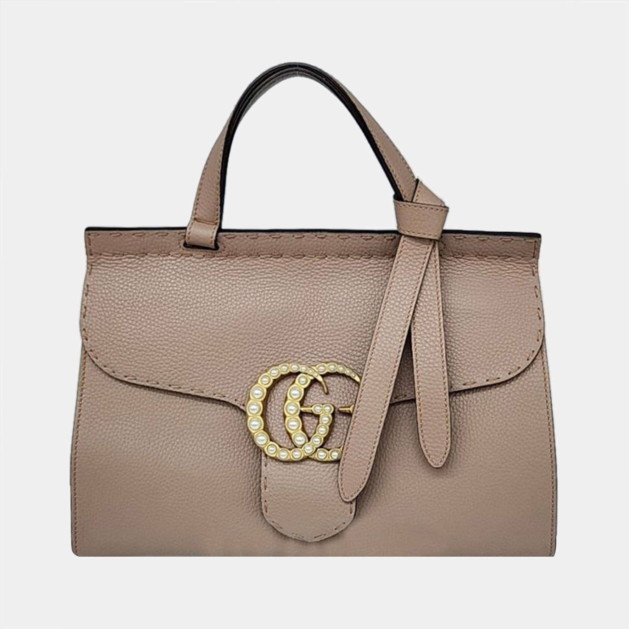 Gucci beige Leather GG Marmont Top Handle bag