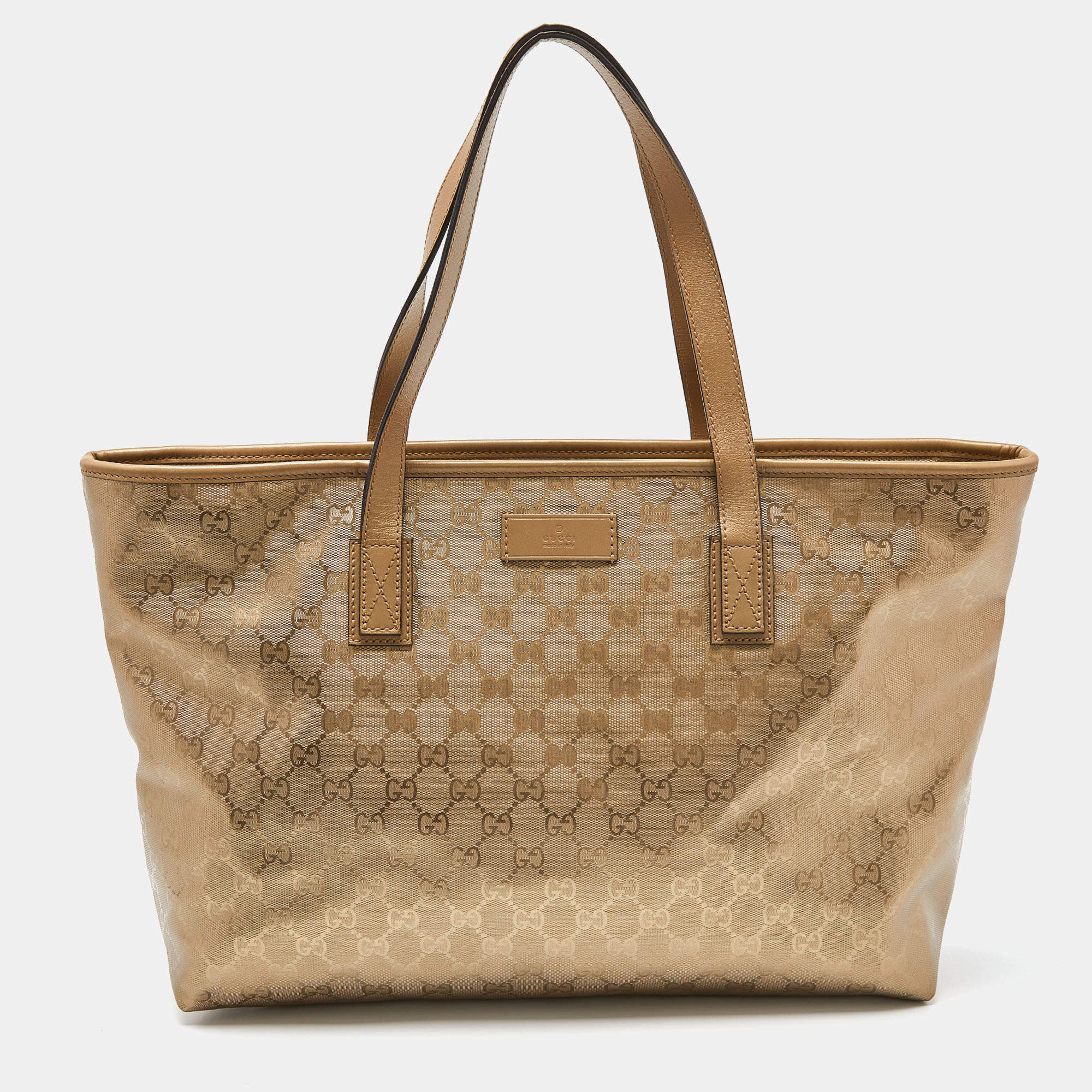 Pre Owned Gucci Gold GG Imprime Canvas and Leather Shopper Tote