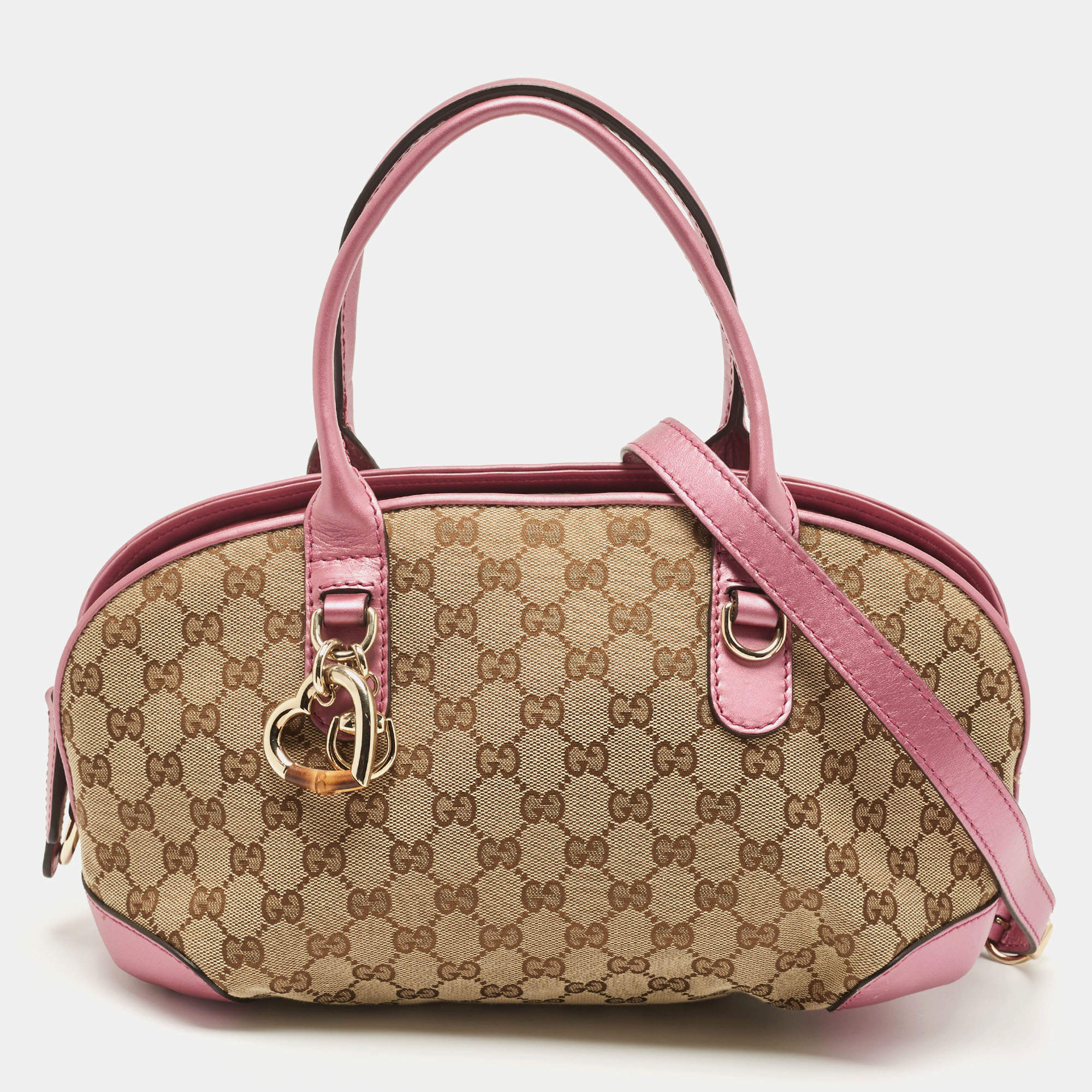 Pre Owned Gucci Beige/Pink GG Canvas and Leather Heart Bit Satchel