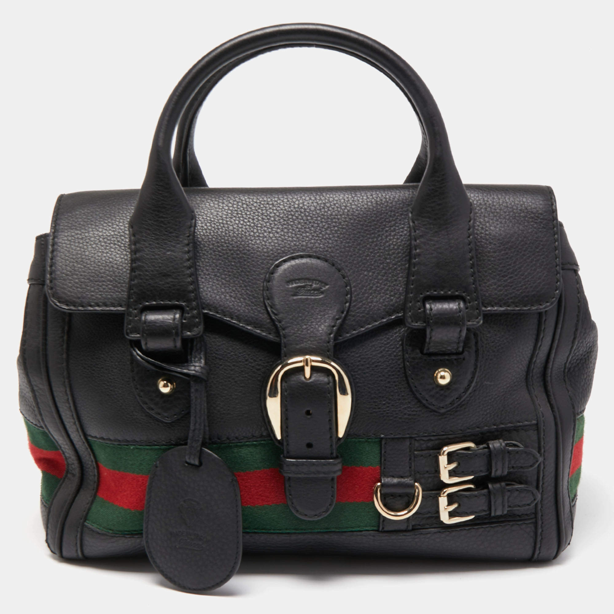 Pre Owned Gucci Black Leather Heritage Web Satchel  