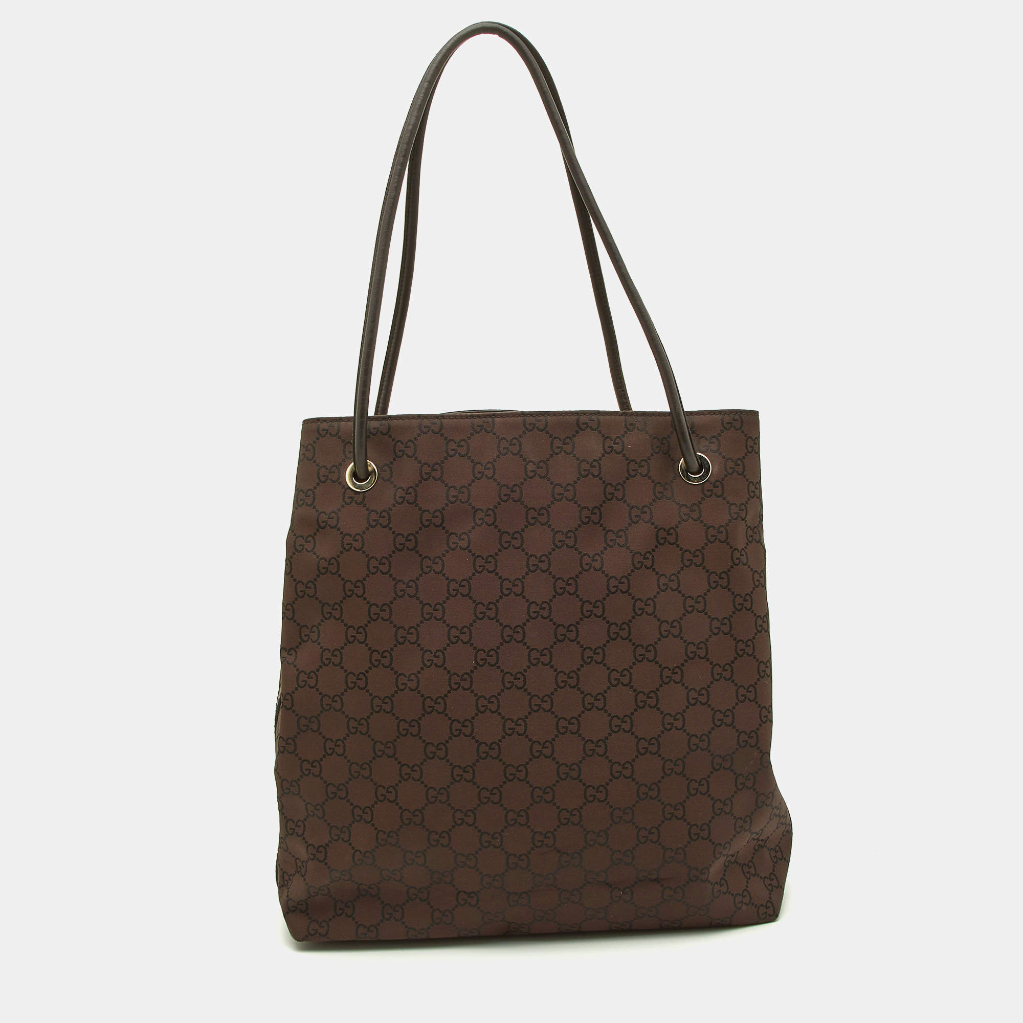 Pre Owned Gucci Dark Brown GG Nylon and Leather Gifford Tote