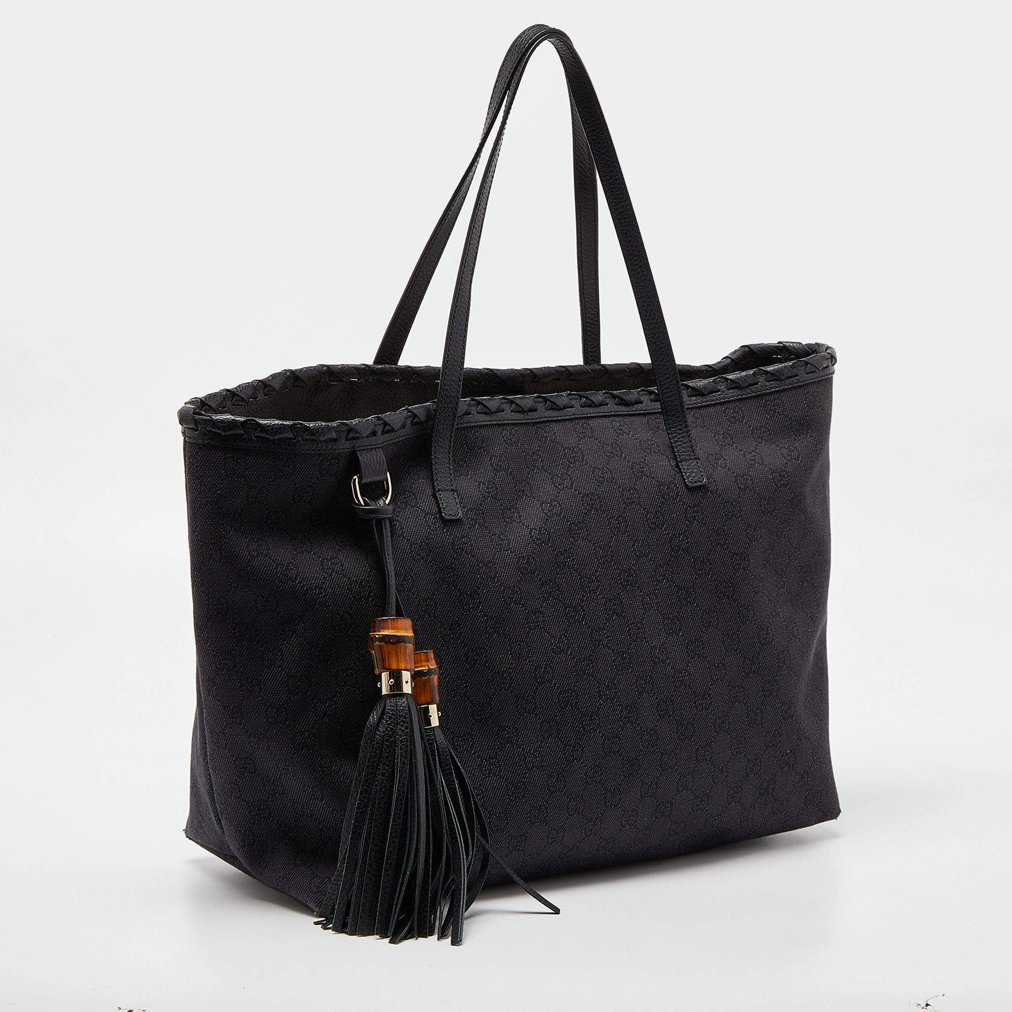 Gucci Black GG Canvas and Leather Bamboo Tassel Shopper Tote