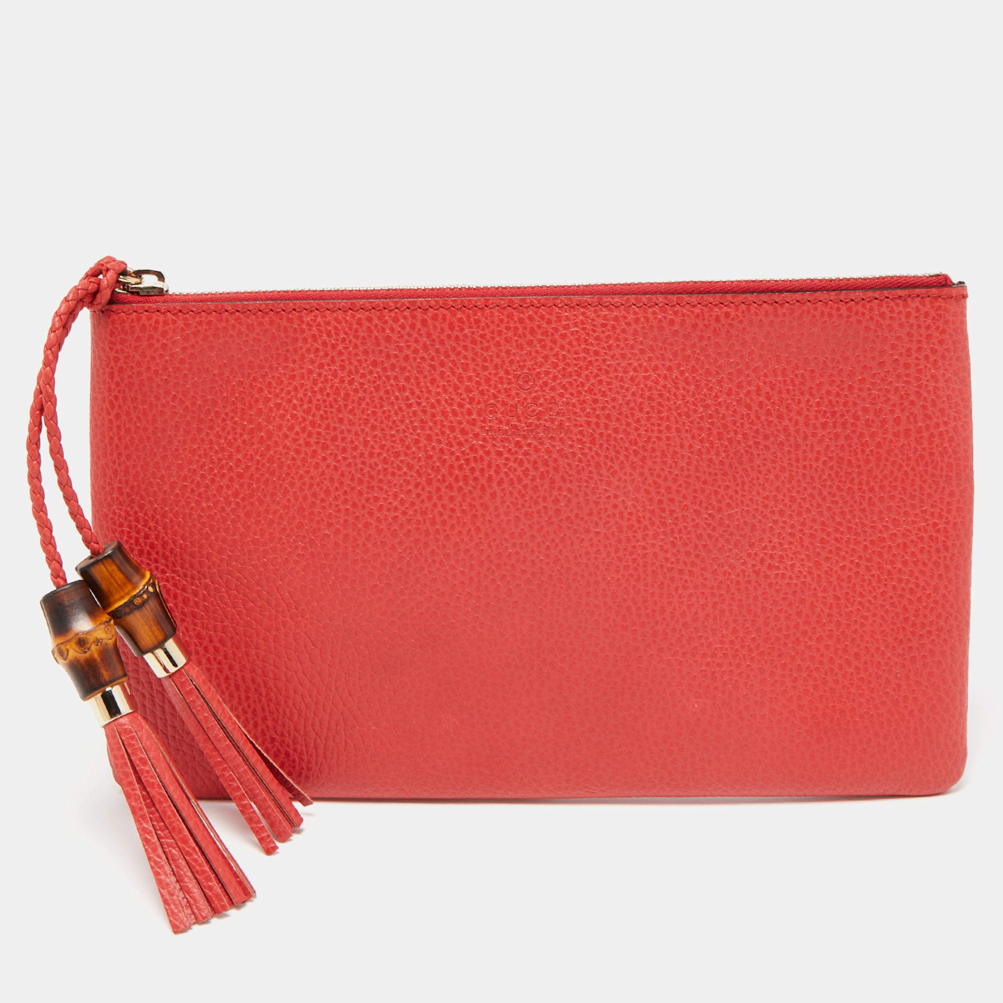 Gucci Red Leather Bamboo Tassel Zip Pouch