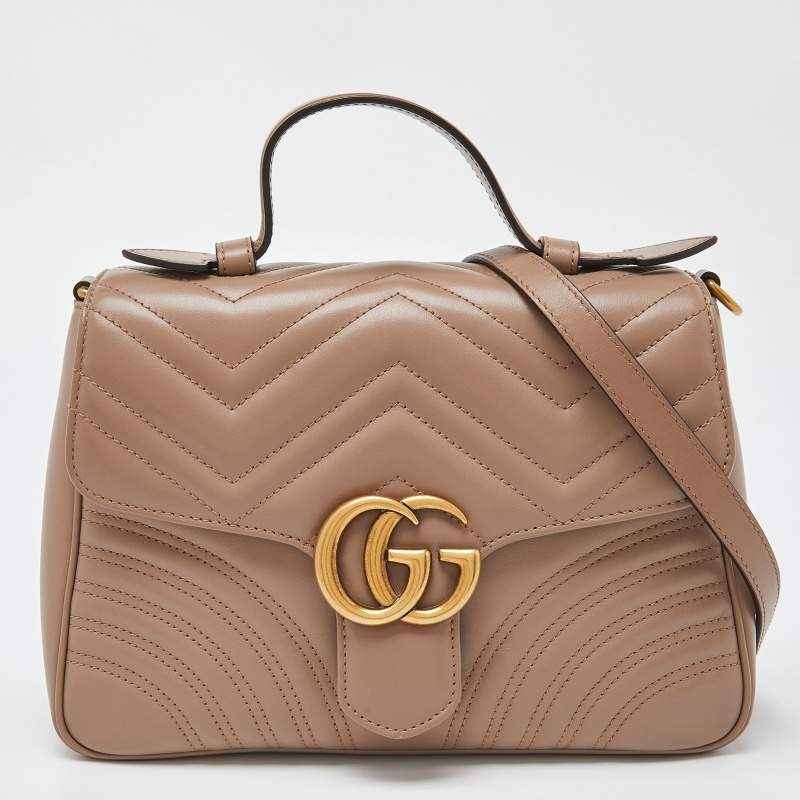 Pre Owned Gucci Beige Matelasse Leather Small GG Marmont Top Handle Bag