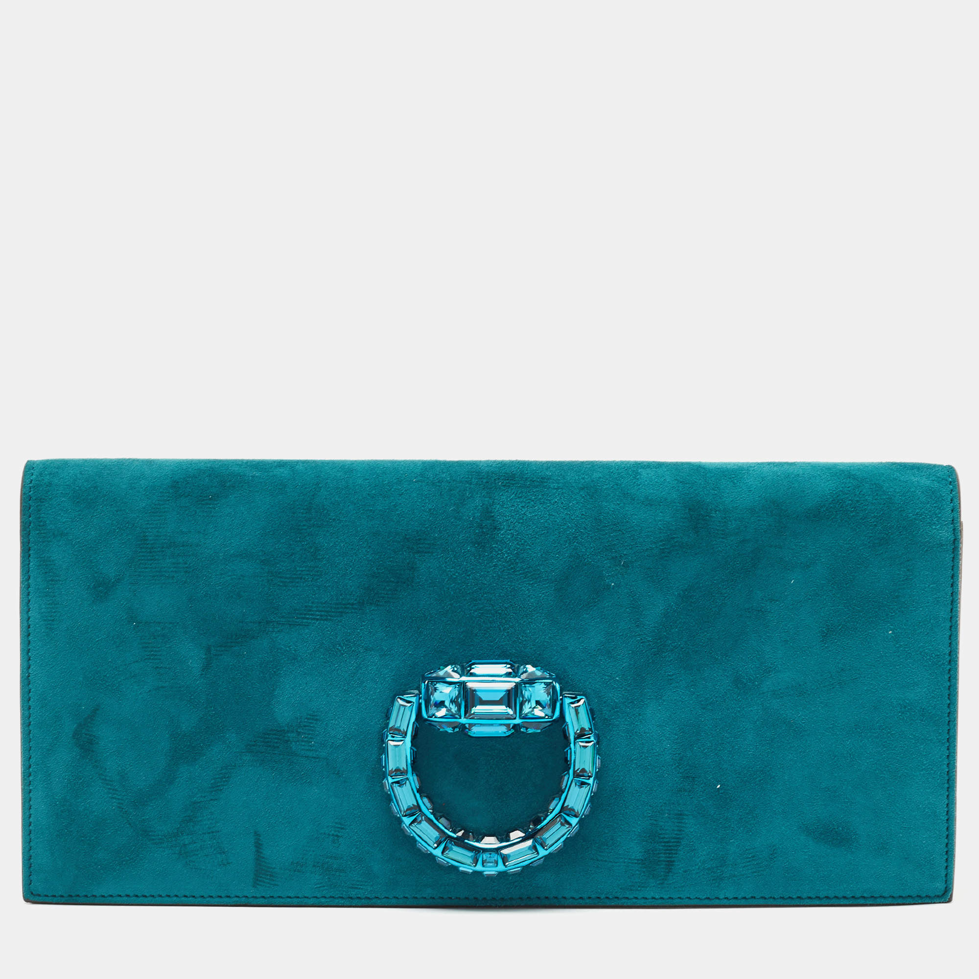 Pre Owned Gucci Teal Suede Crystal Embellished Broadway Clutch