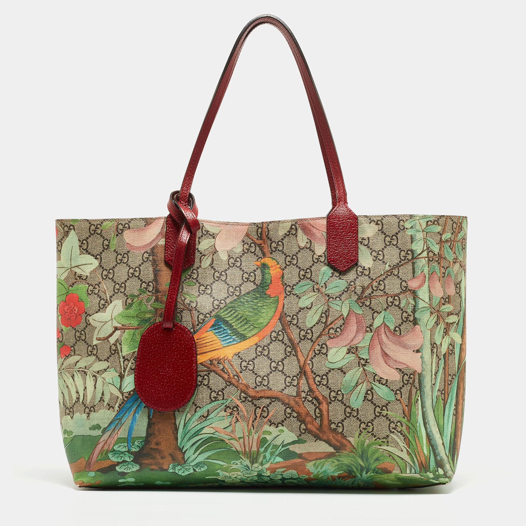 Pre Owned Gucci Red/Beige Tian GG Supreme Canvas Shopper Tote