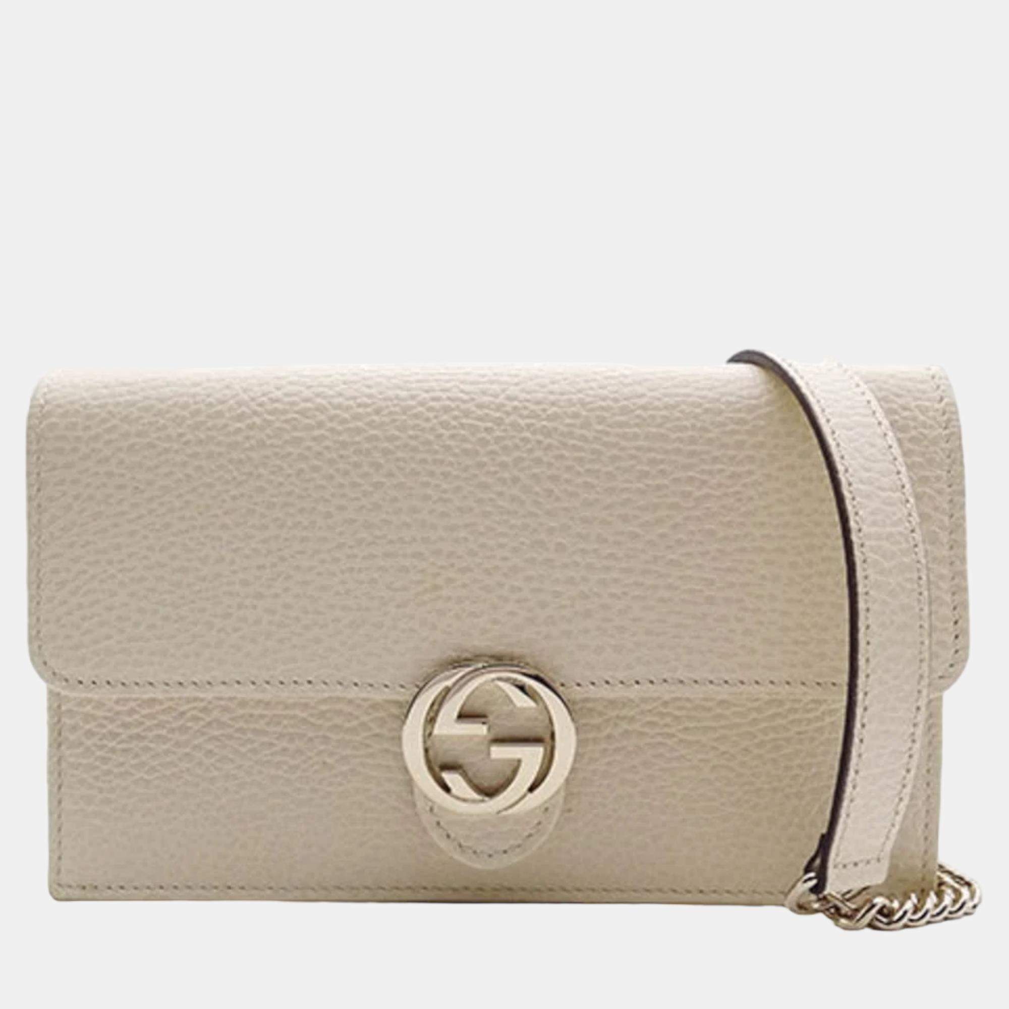 GUCCI Dollar Calfskin Interlocking G Chain Wallet White 1207828