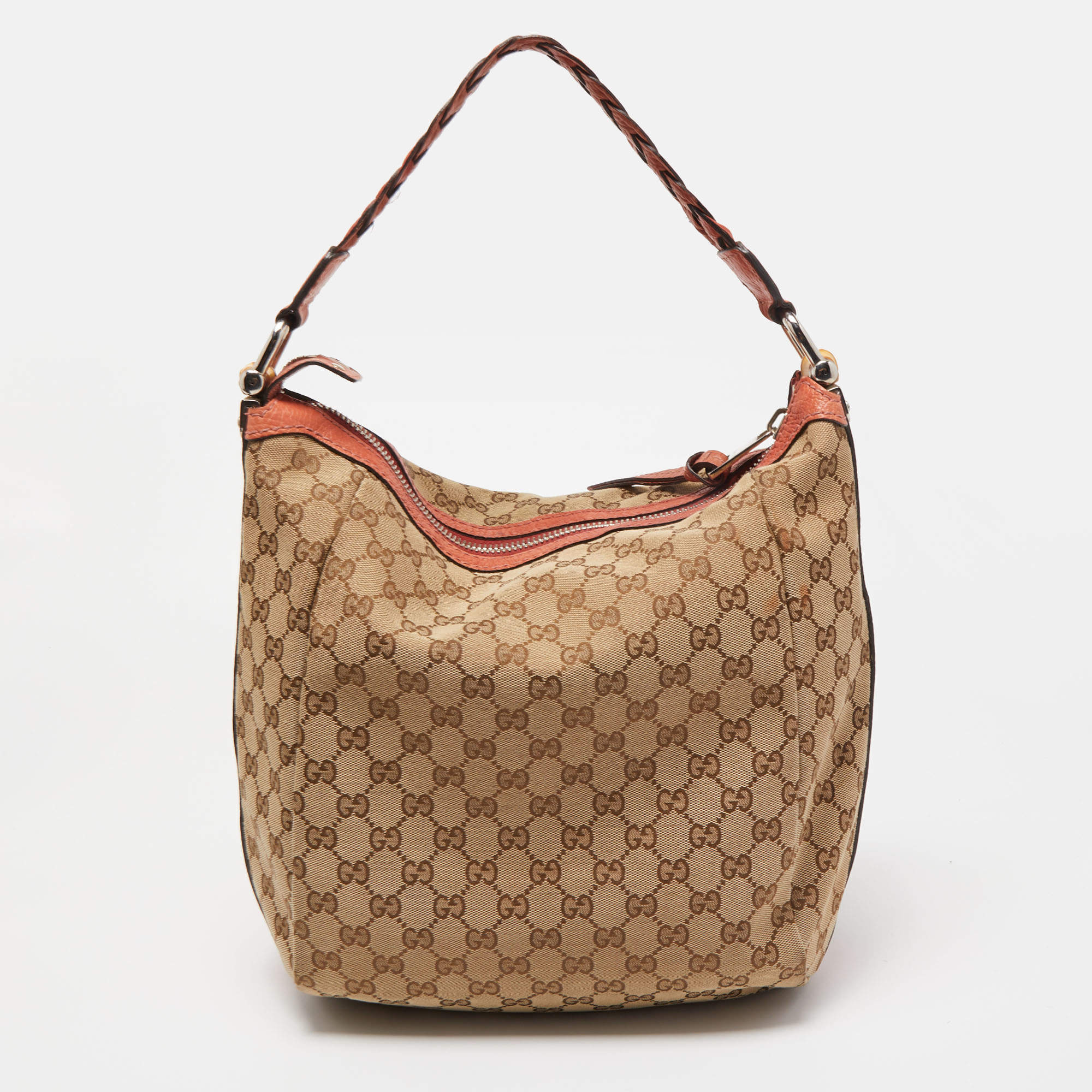 Preloved Vintage Gucci Beige and Brown GG Canvas Bamboo Bar Tote