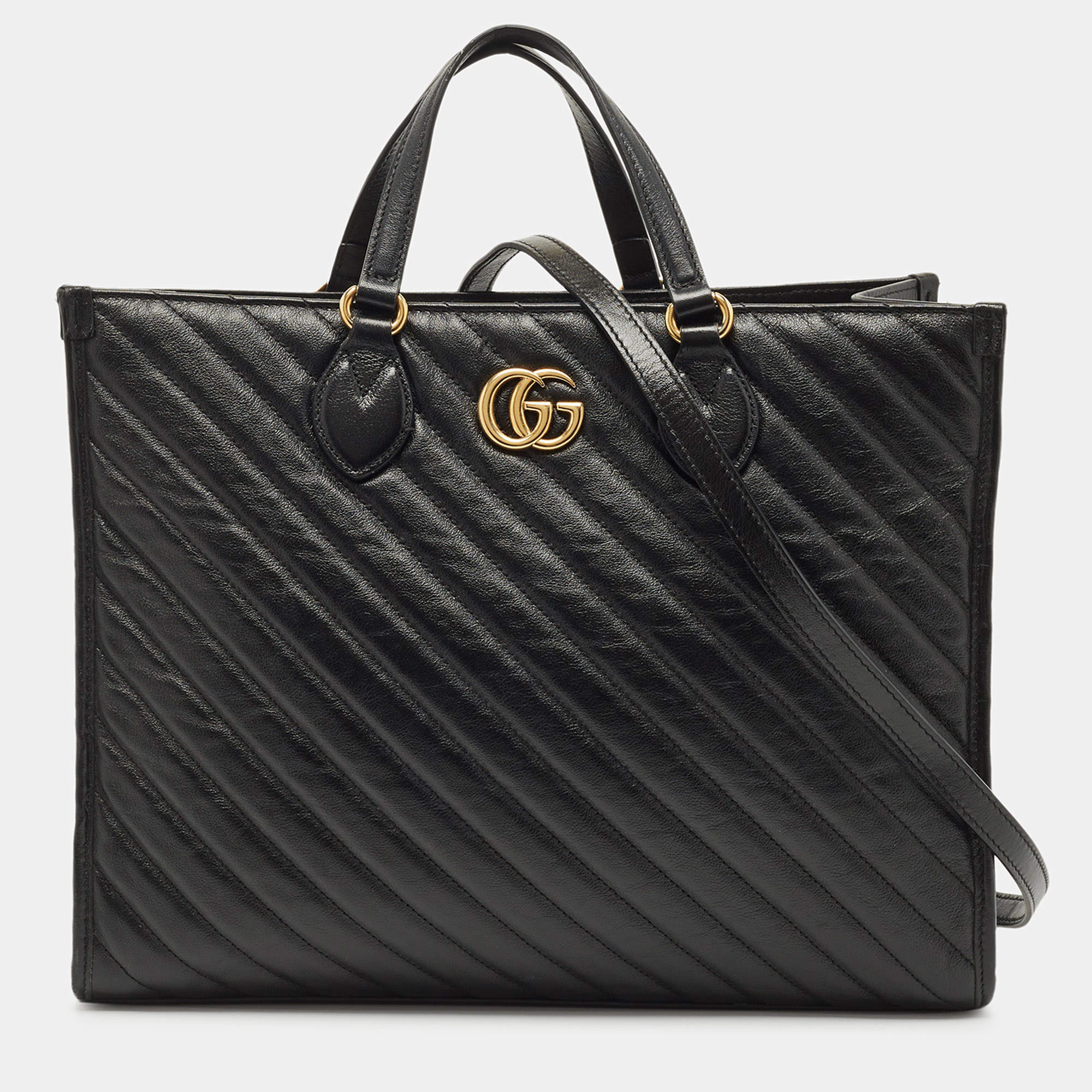 Pre Owned Gucci Black Diagonal Matelasse Leather GG Marmont Tote