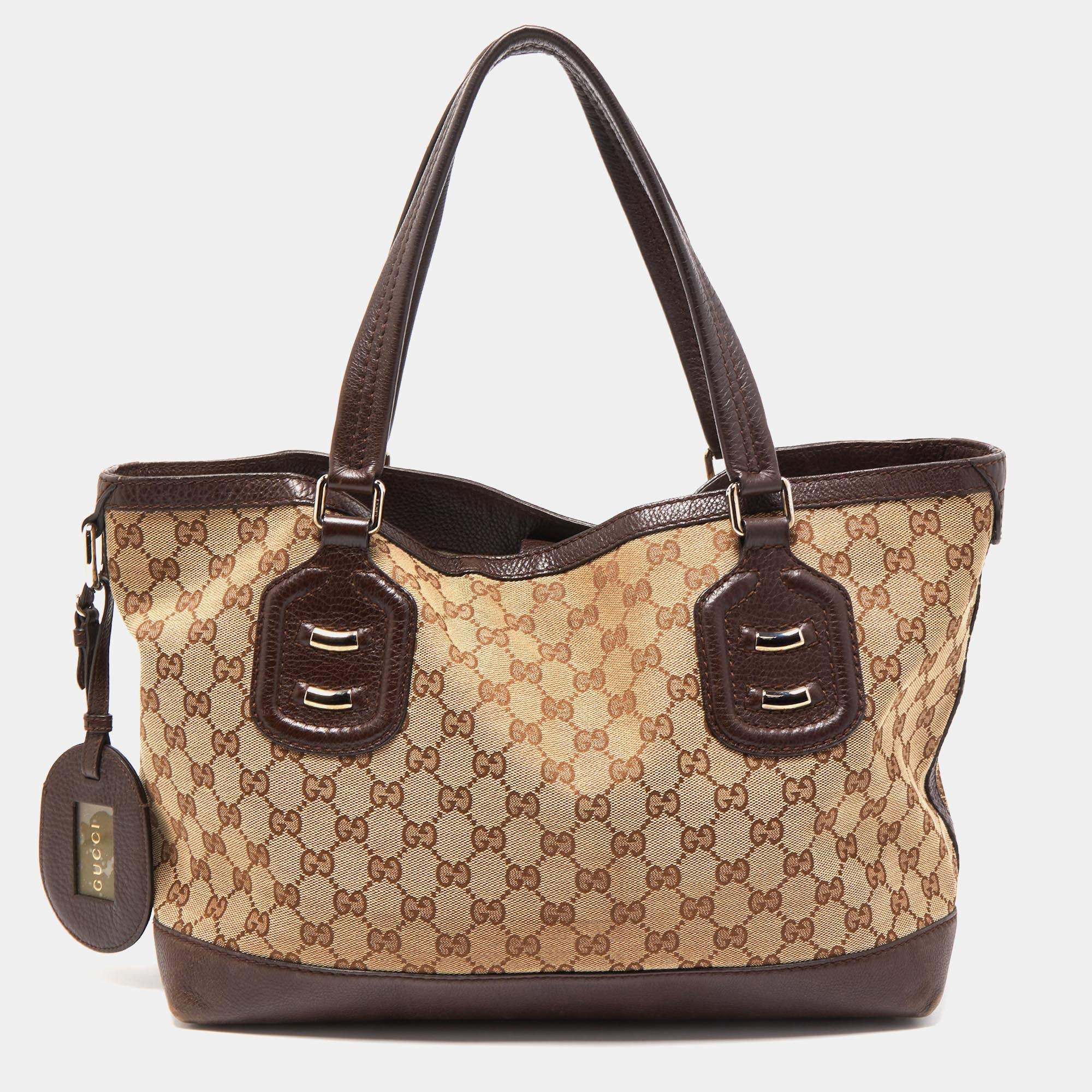 Pre Owned Gucci Ebony/Beige GG Canvas and Leather Techno Tote