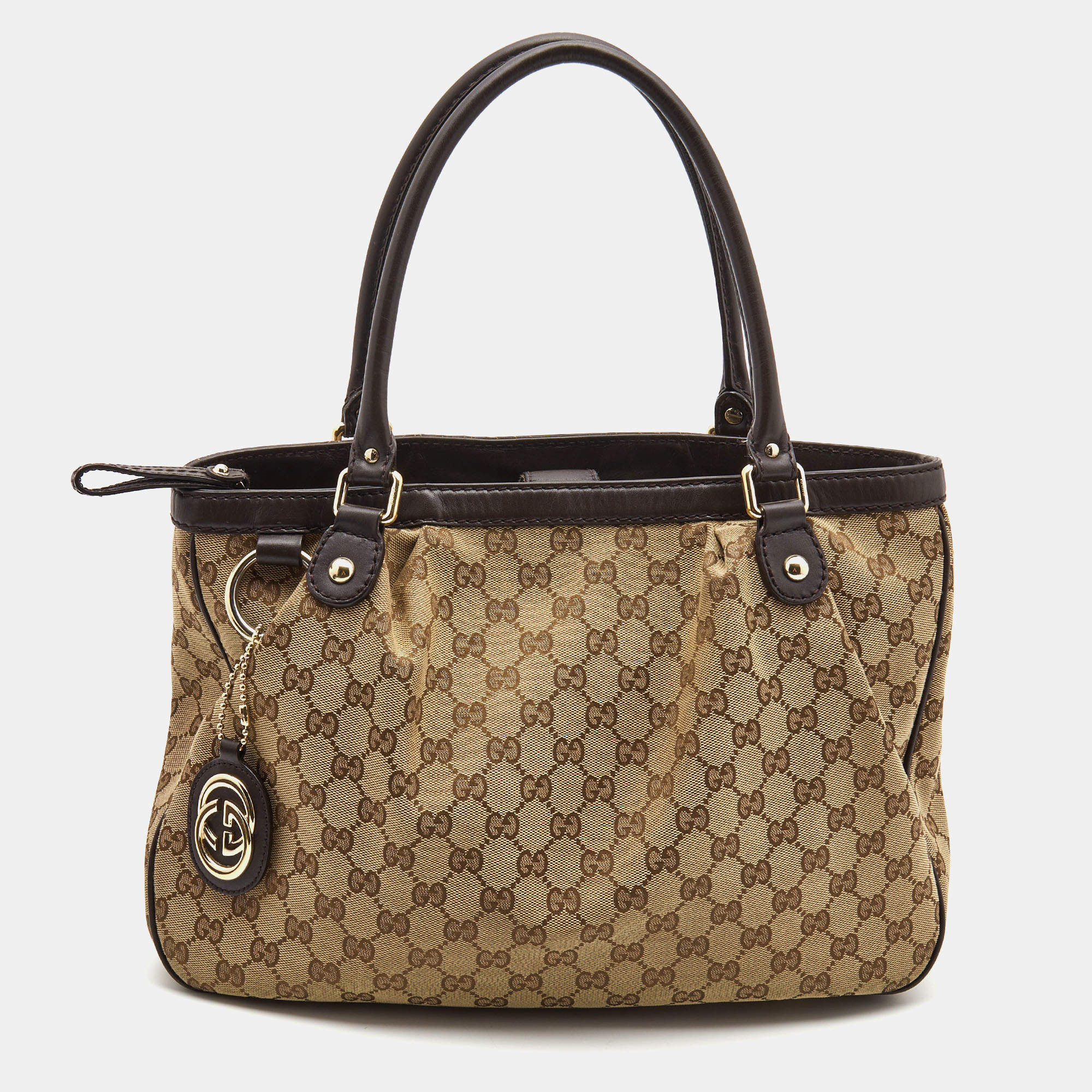 Pre Owned Gucci Beige/Brown GG Canvas and Leather Medium Sukey Tote