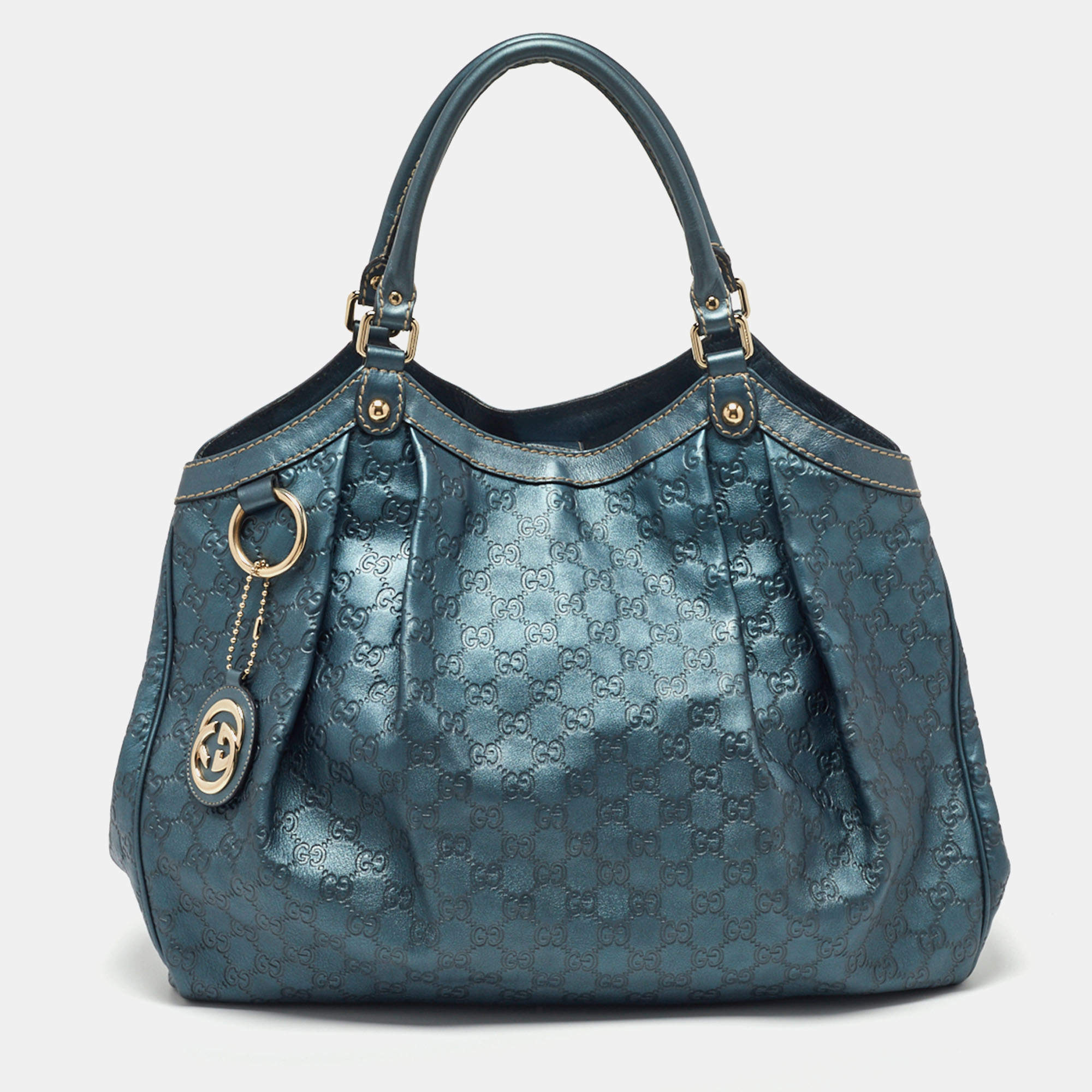 Pre Owned Gucci Metallic Blue Guccissima Leather Large Sukey Tote