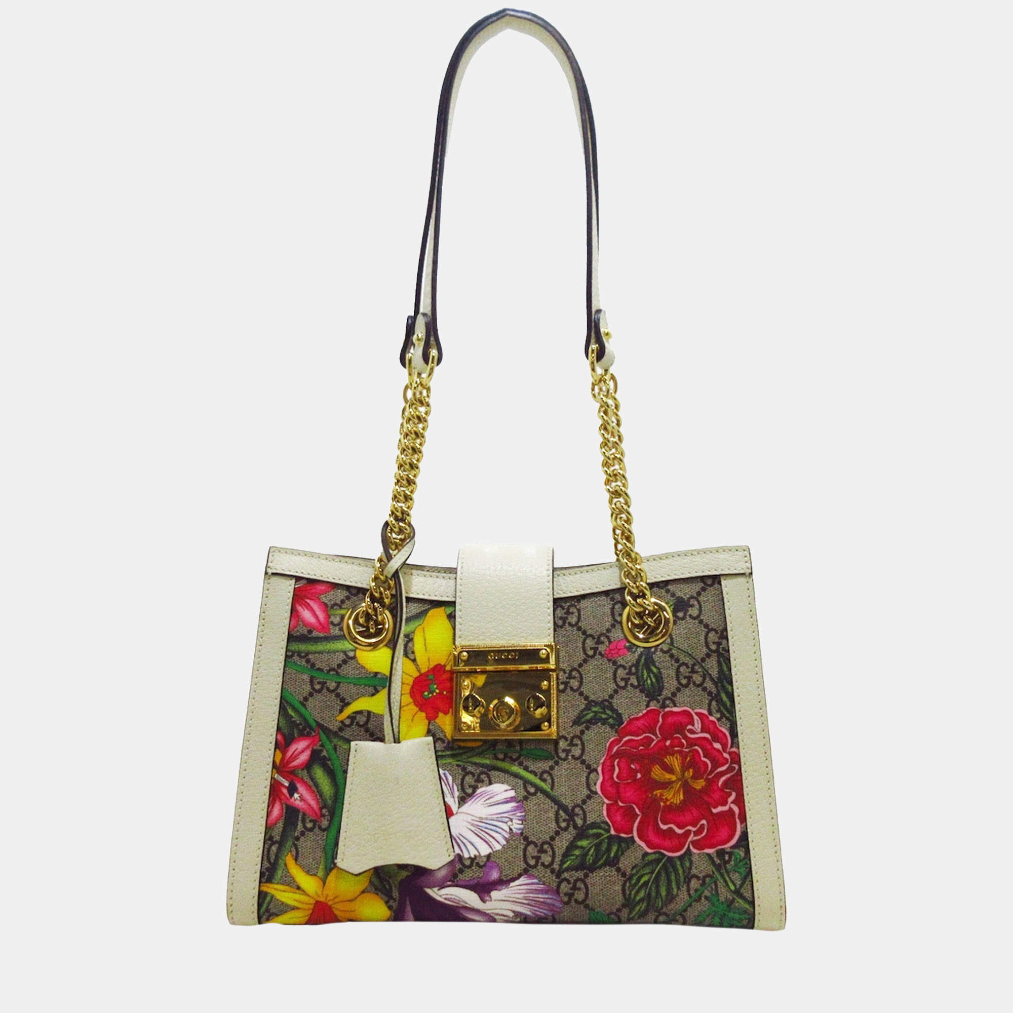 Gucci Padlock Flora GG Supreme Canvas Small Bag Beige