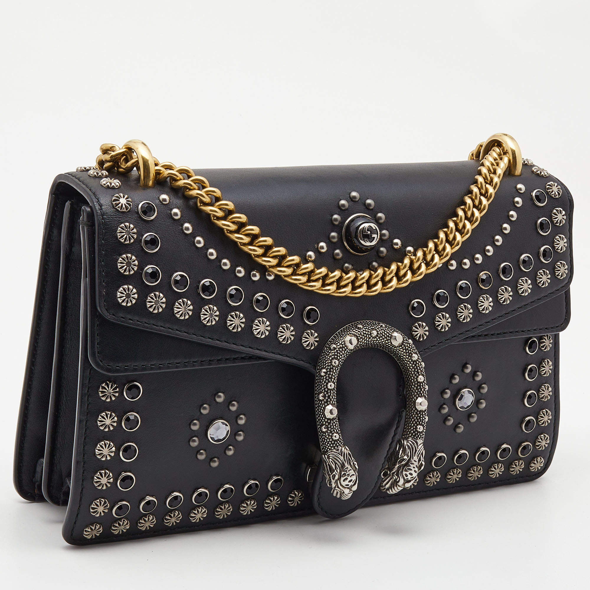 Gucci Black Leather And Strass Studded Small Dionysus Bag Gold And