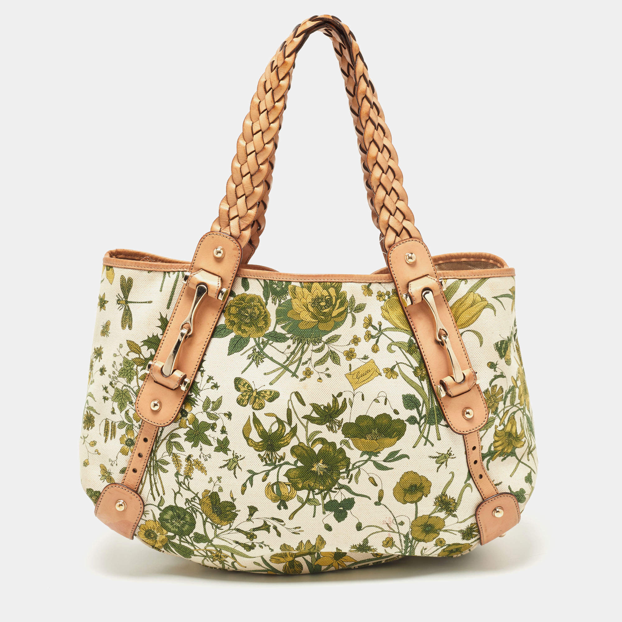 Pre Owned Gucci Green/Beige Floral Canvas and Pelham Hobo