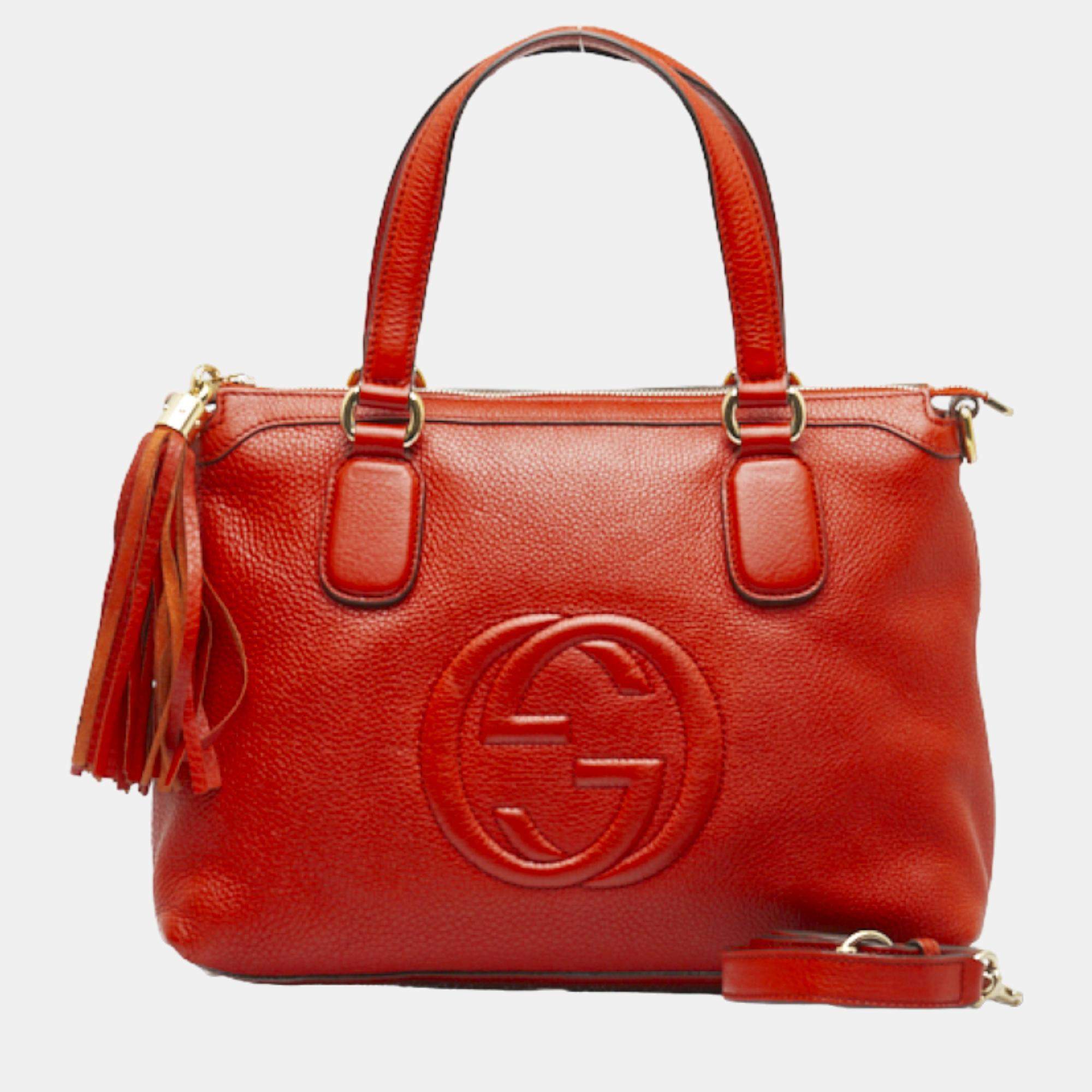 GUCCI Soho Top Handle Pebbled Leather Tote Bag Red-US