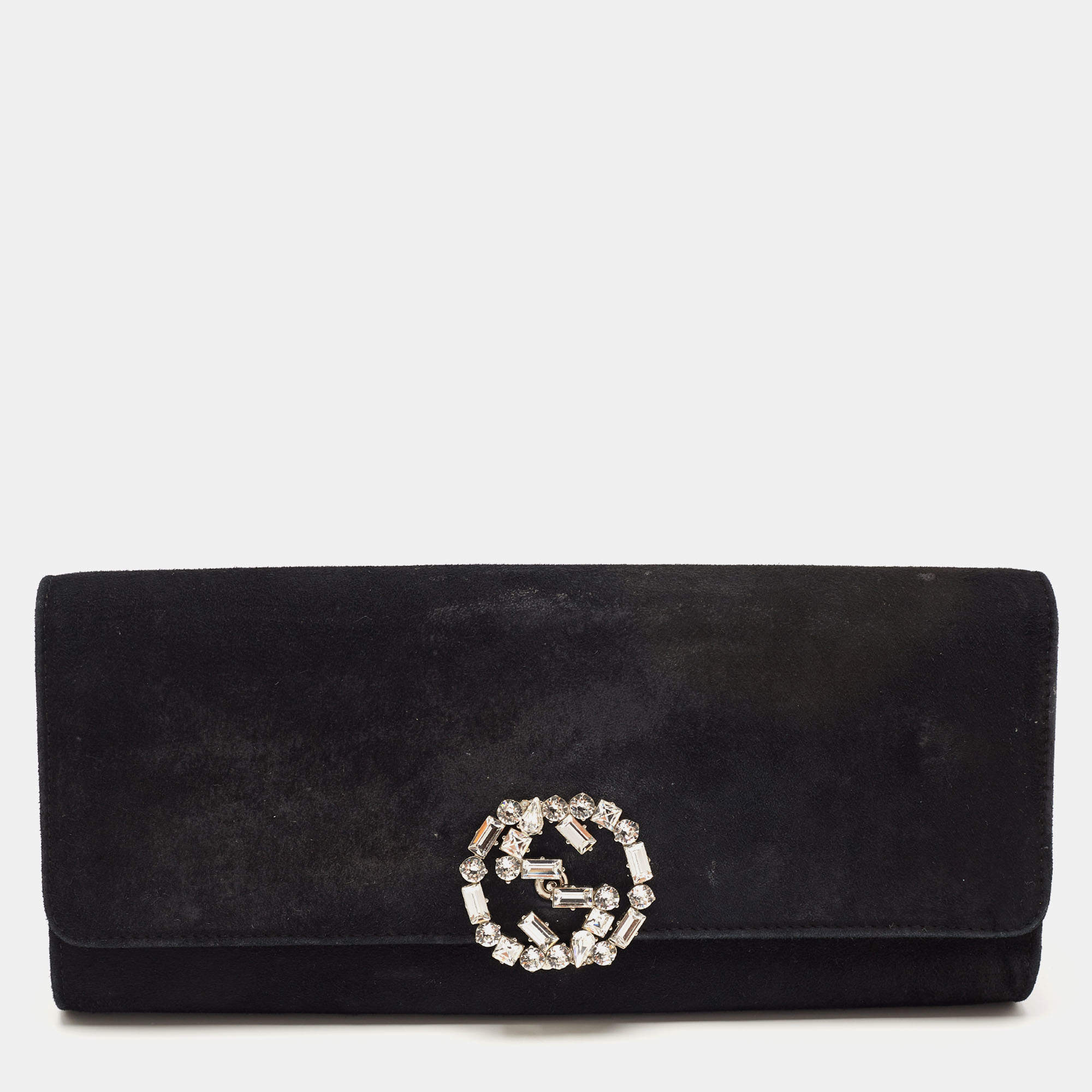 Pre Owned Gucci Black Suede GG Crystal Broadway Clutch