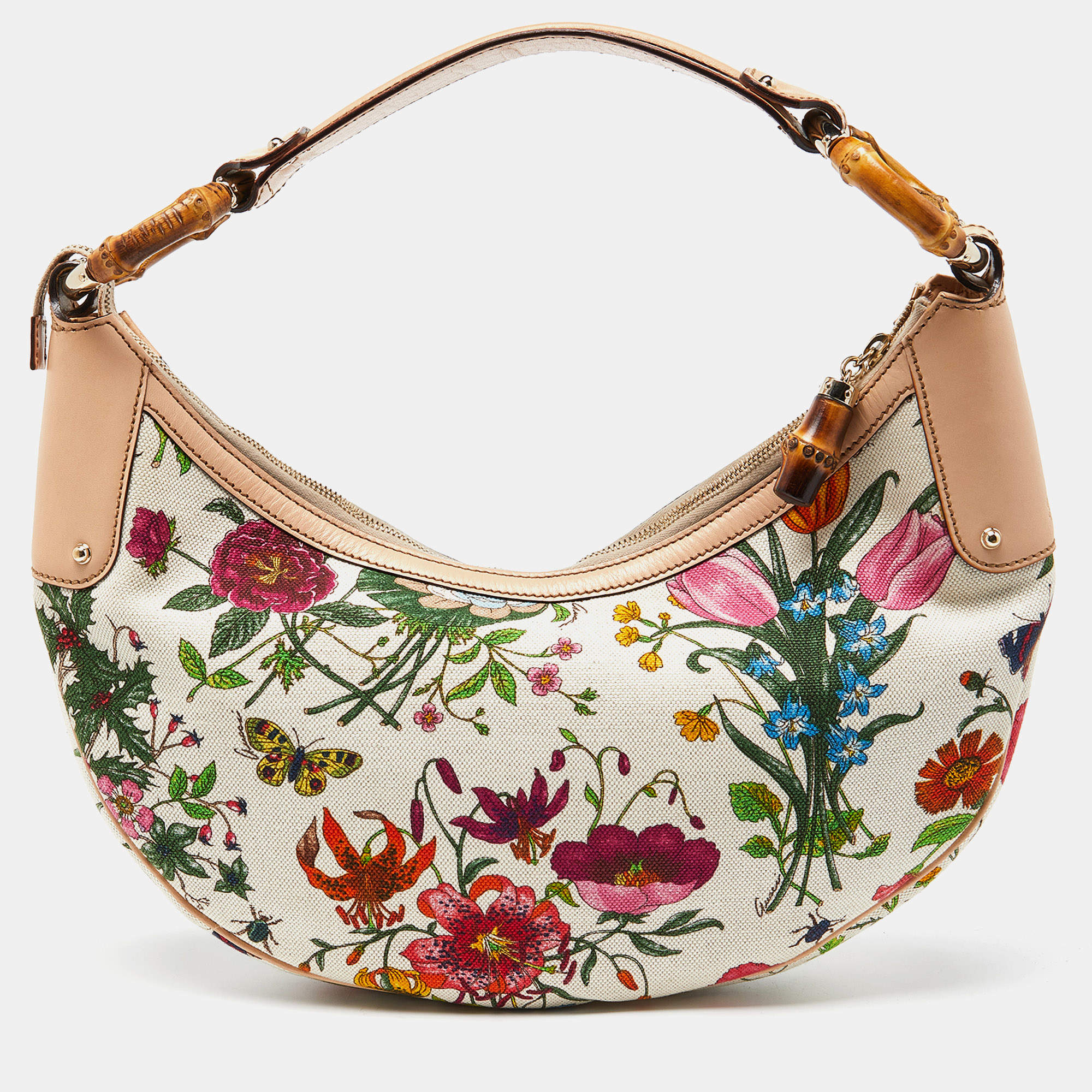 Gucci Multicolor Botanical Floral Canvas and Leather Bamboo Ring Hobo