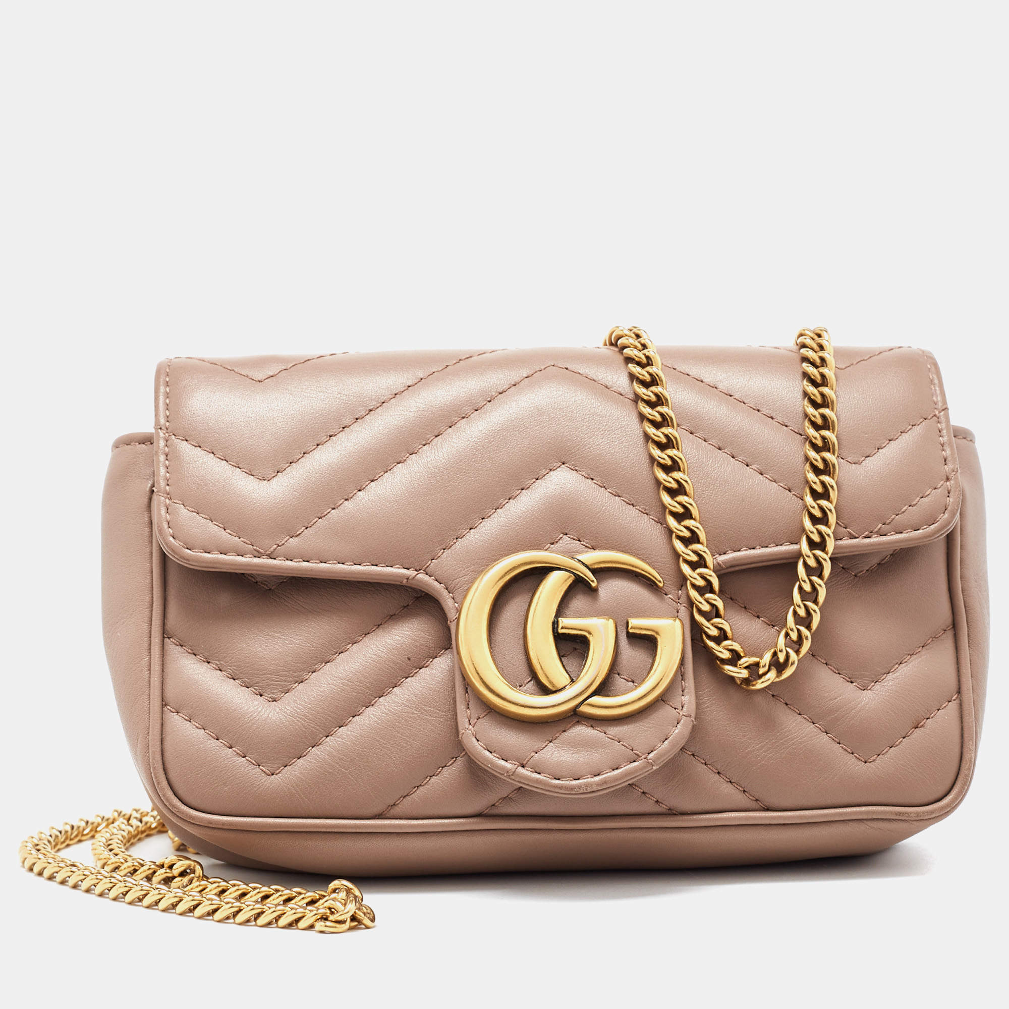 Gucci Beige Matelassé Leather Super Mini GG Marmont Shoulder Bag