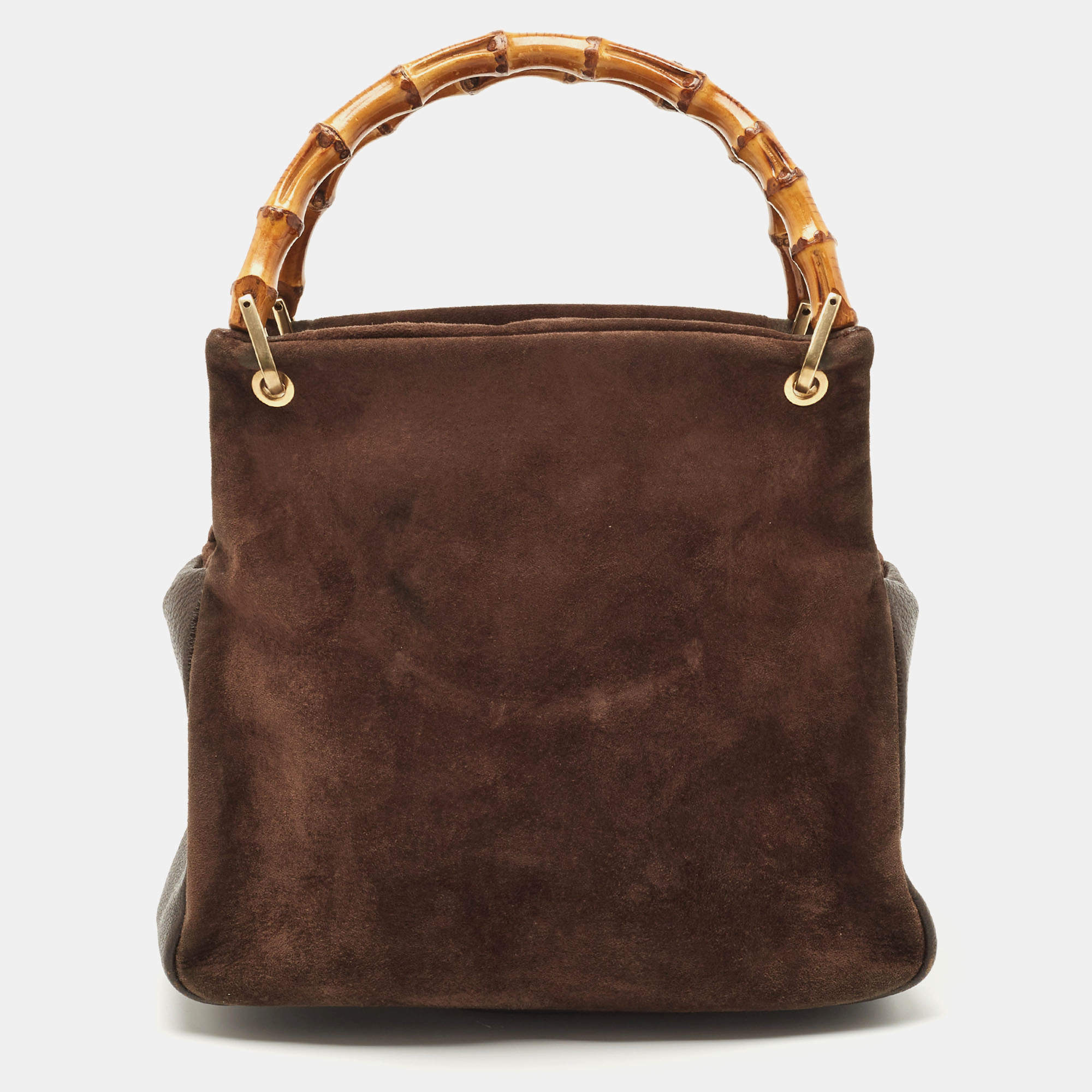Pre Owned Gucci Dark Brown Suede and Leather Bamboo Handle Tote