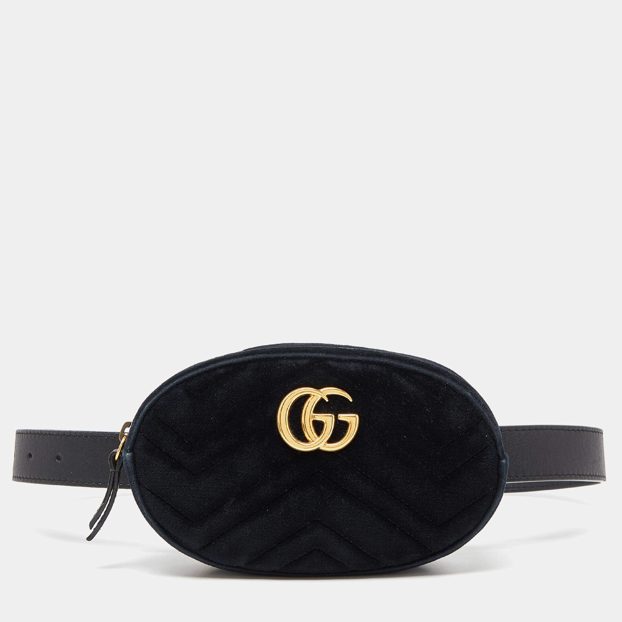Pre Owned Gucci Black Matelassé Velvet GG Marmont Belt Bag