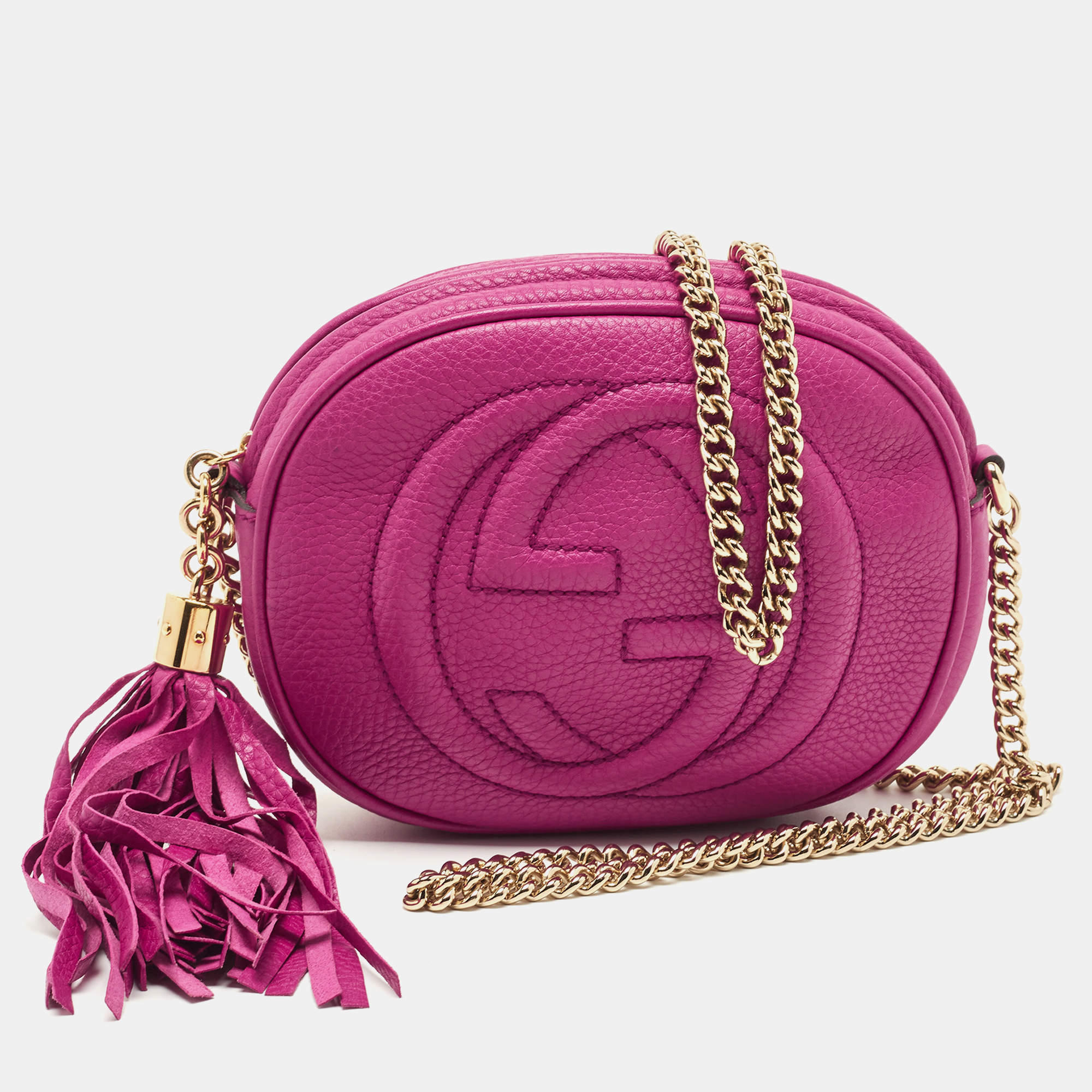 Pre Owned Gucci Fuchsia Leather Mini Soho Disco Chain Crossbody Bag