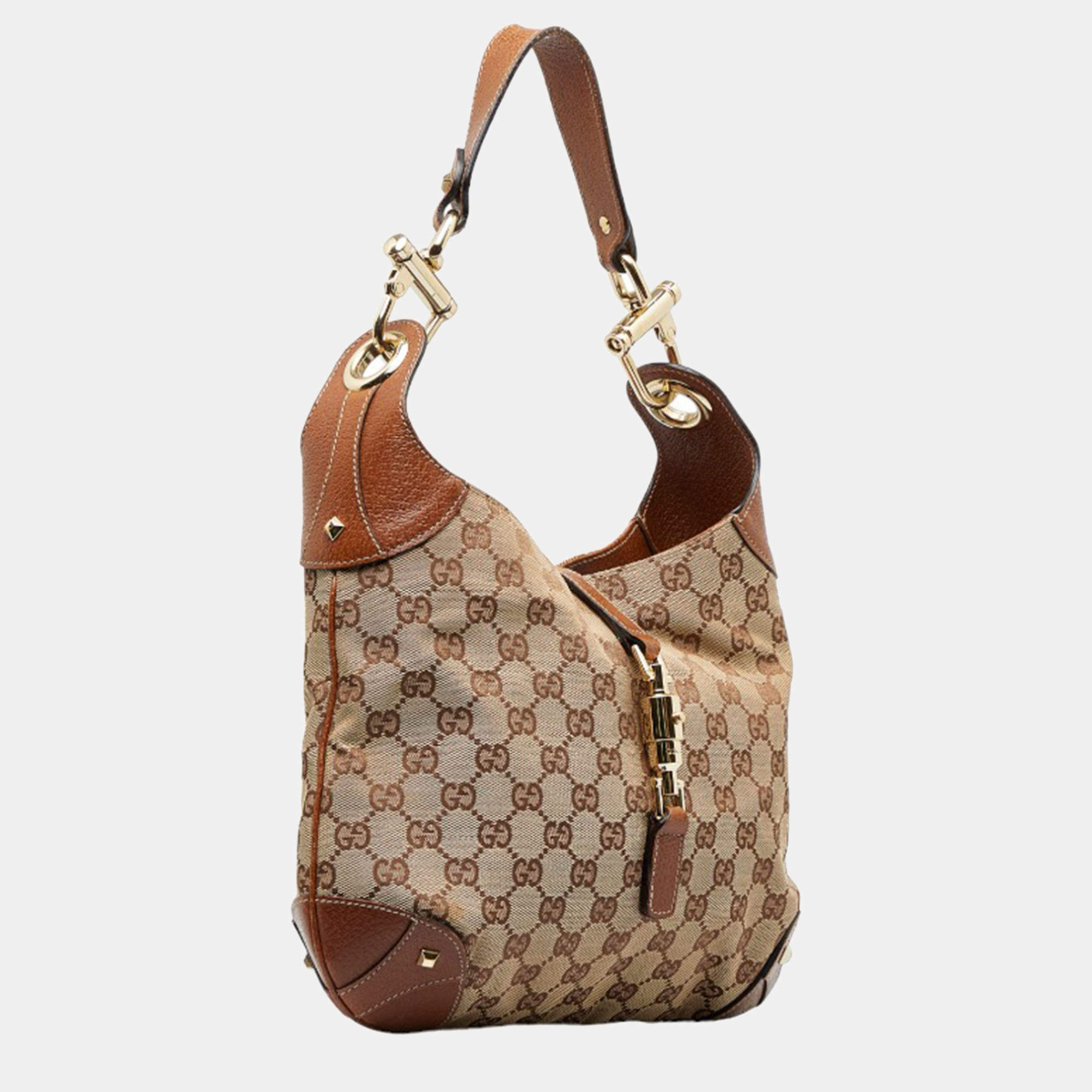Gucci Nailhead Jackie Hobo Bag Tan Leather Beige Ebony GG Monogram