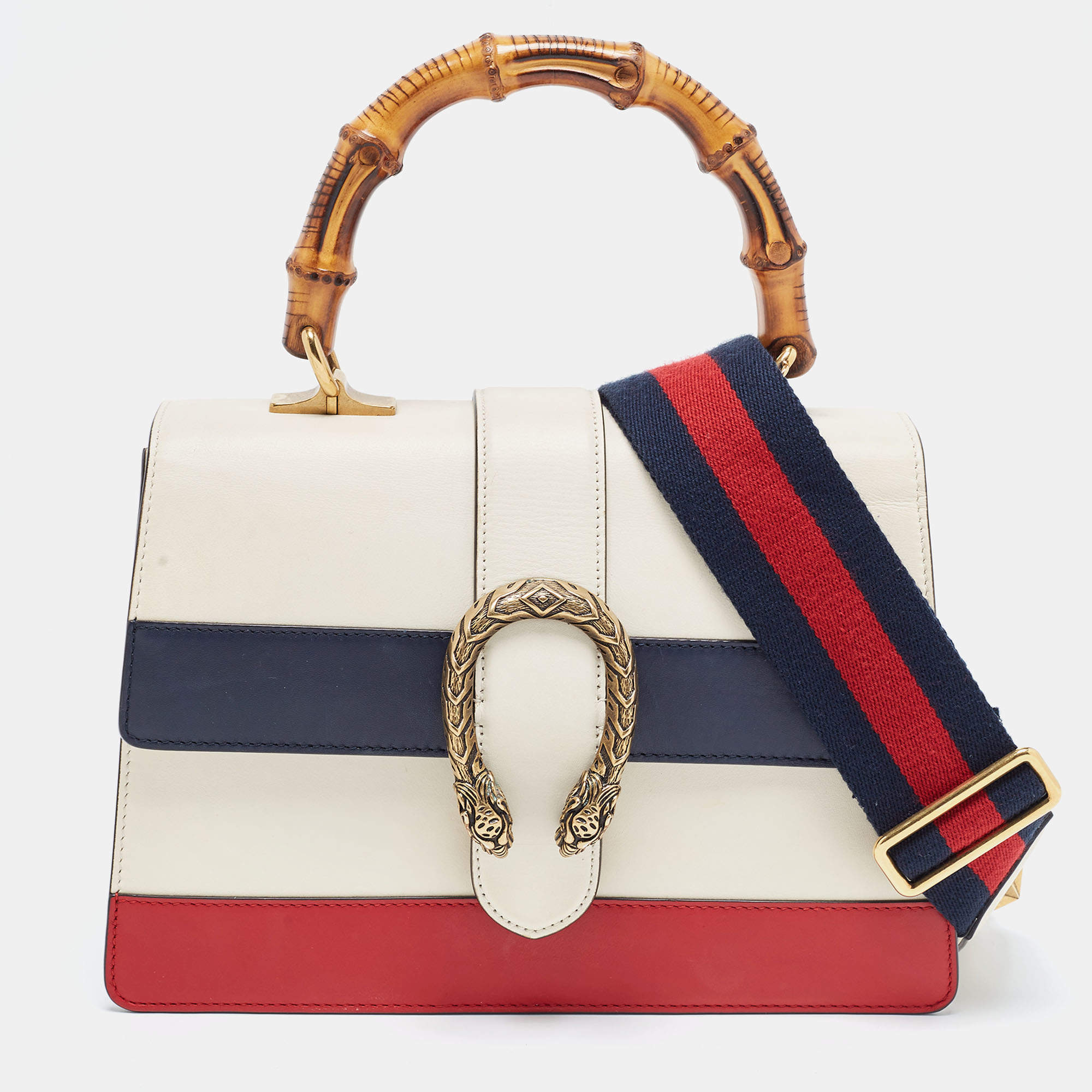 GUCCI Dionysus White Blue Red Medium Bamboo Top Handle Leather Bag 448075