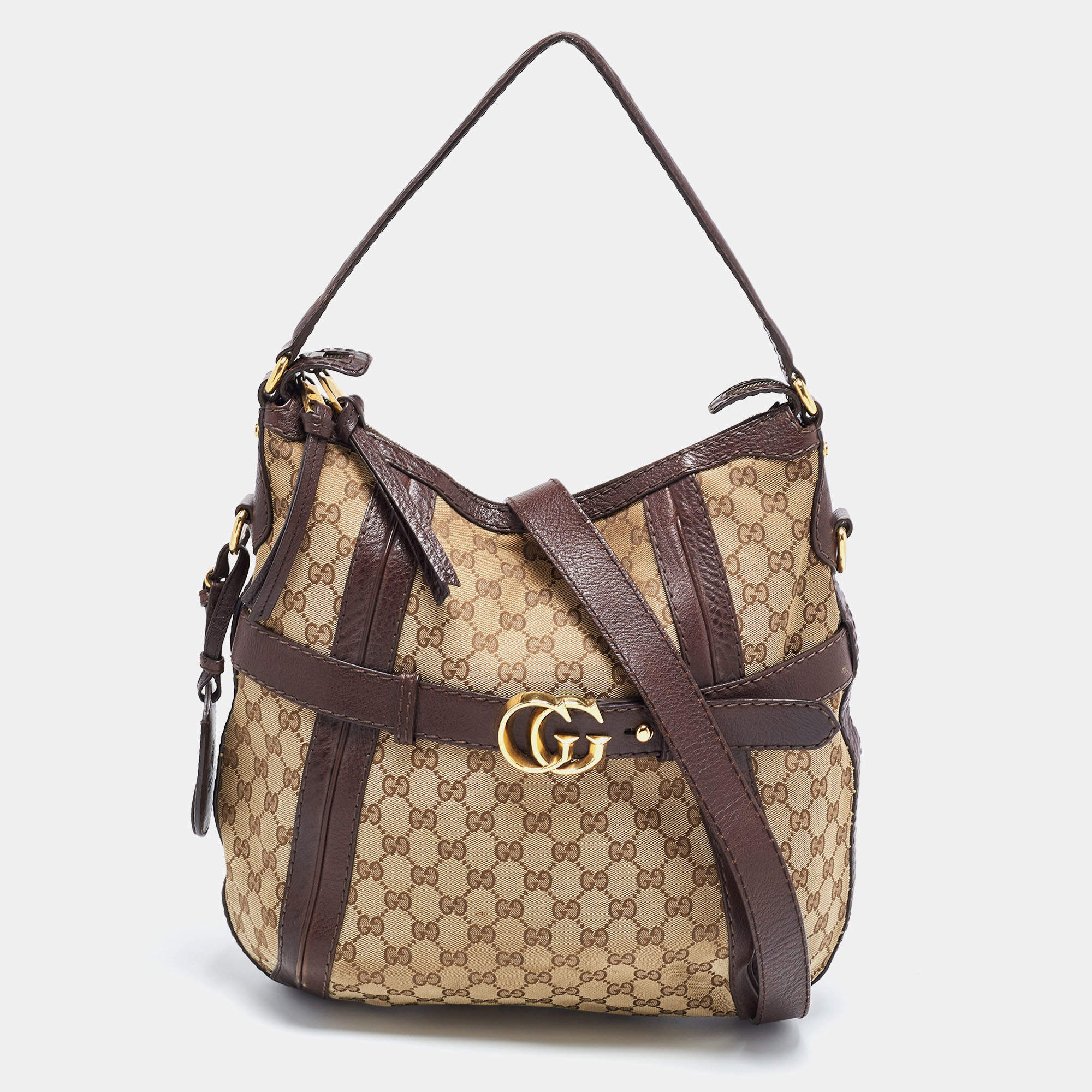 Pre Owned Gucci Beige/Brown GG Canvas and Leather Medium GG Running Hobo       