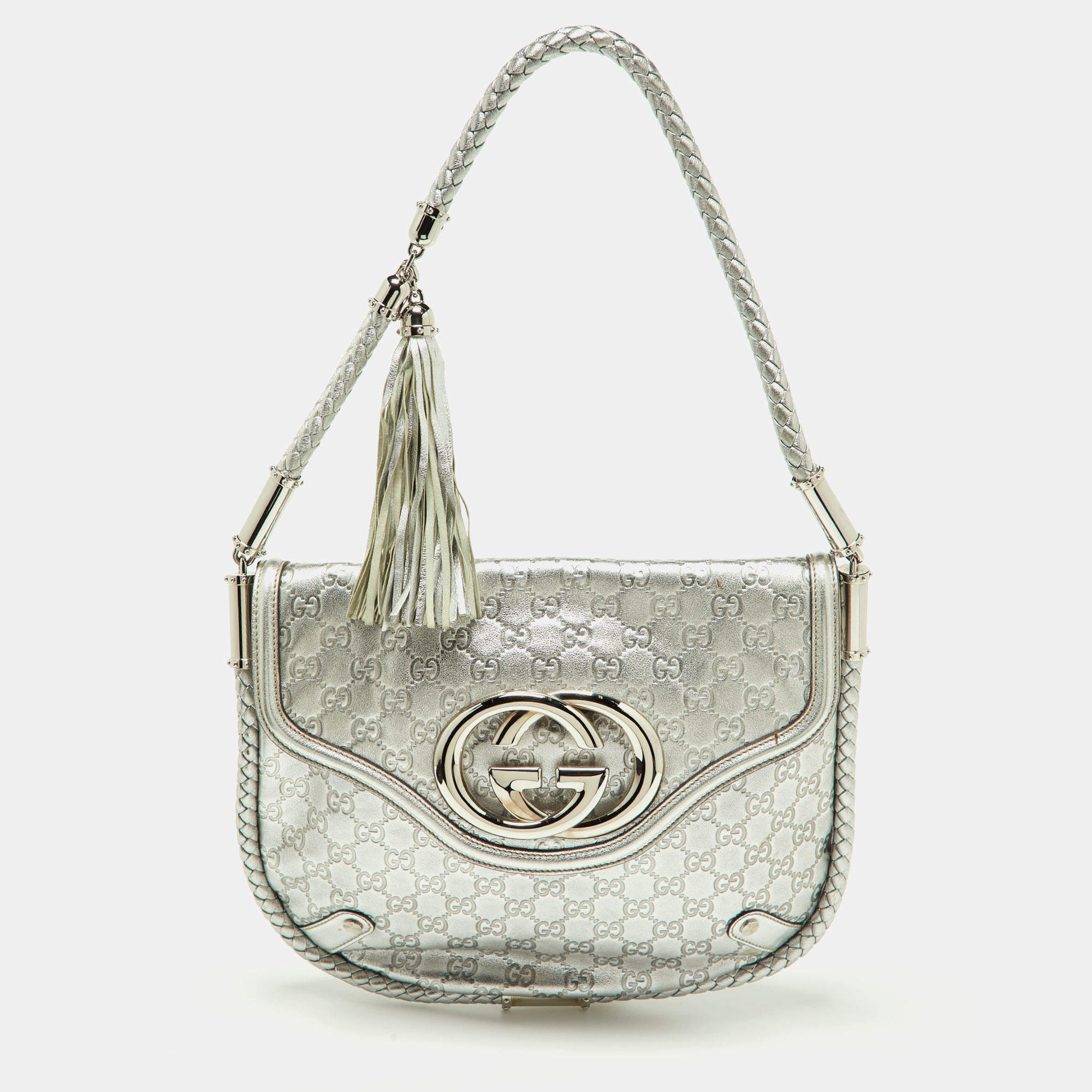 Pre Owned Gucci Silver Guccissima Leather Medium Britt Tassel Hobo