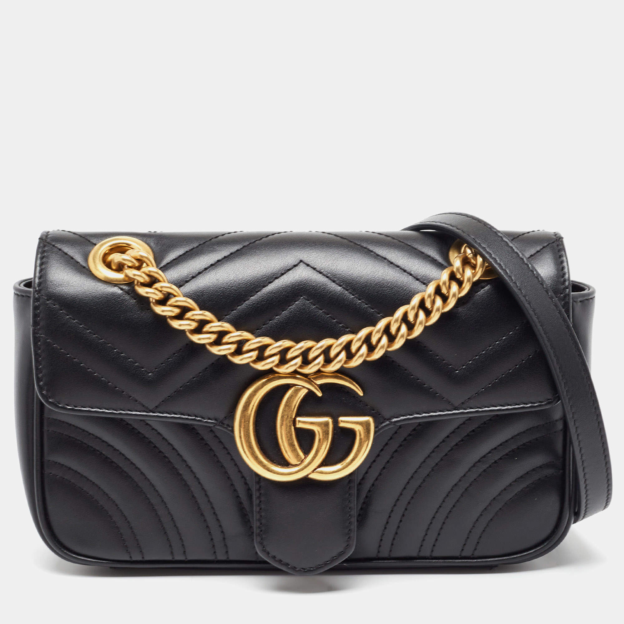 Gucci Black Matelassé Leather Mini GG Marmont Shoulder Bag