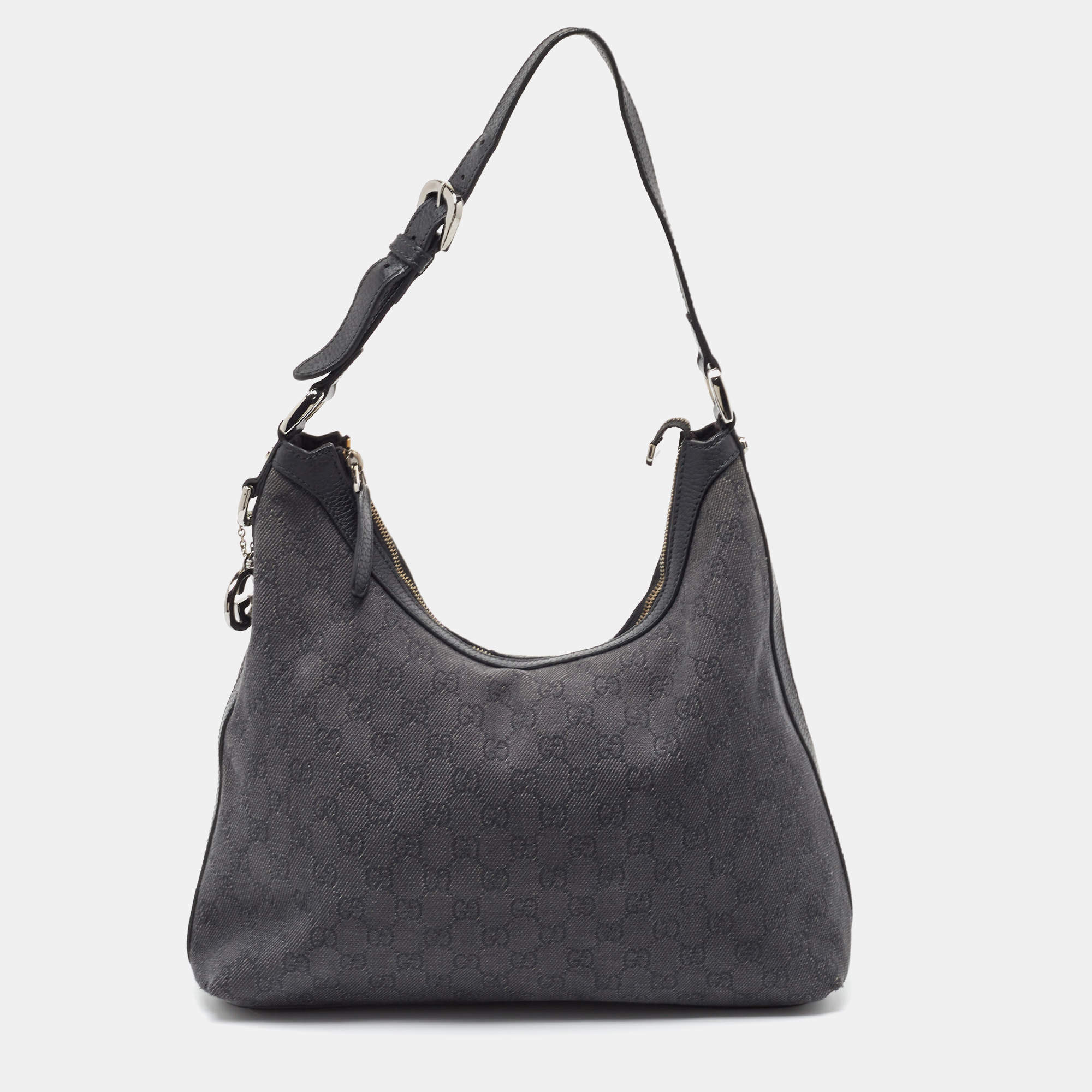 Pre Owned Gucci Black GG Denim and Leather Interlocking G Charm Hobo