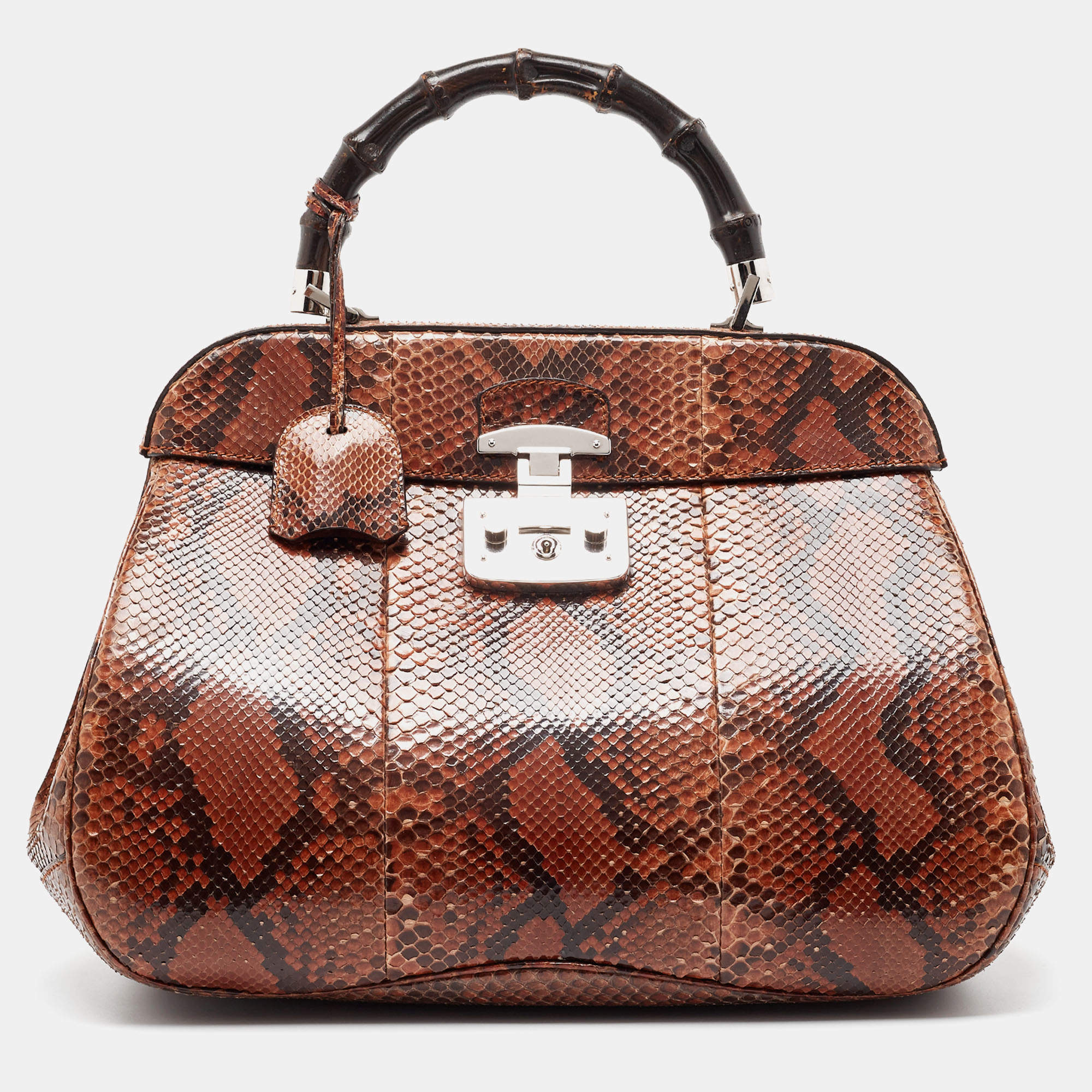 Pre Owned Gucci Brown Python Leather Lady Lock Bamboo Large Top Handle Bag