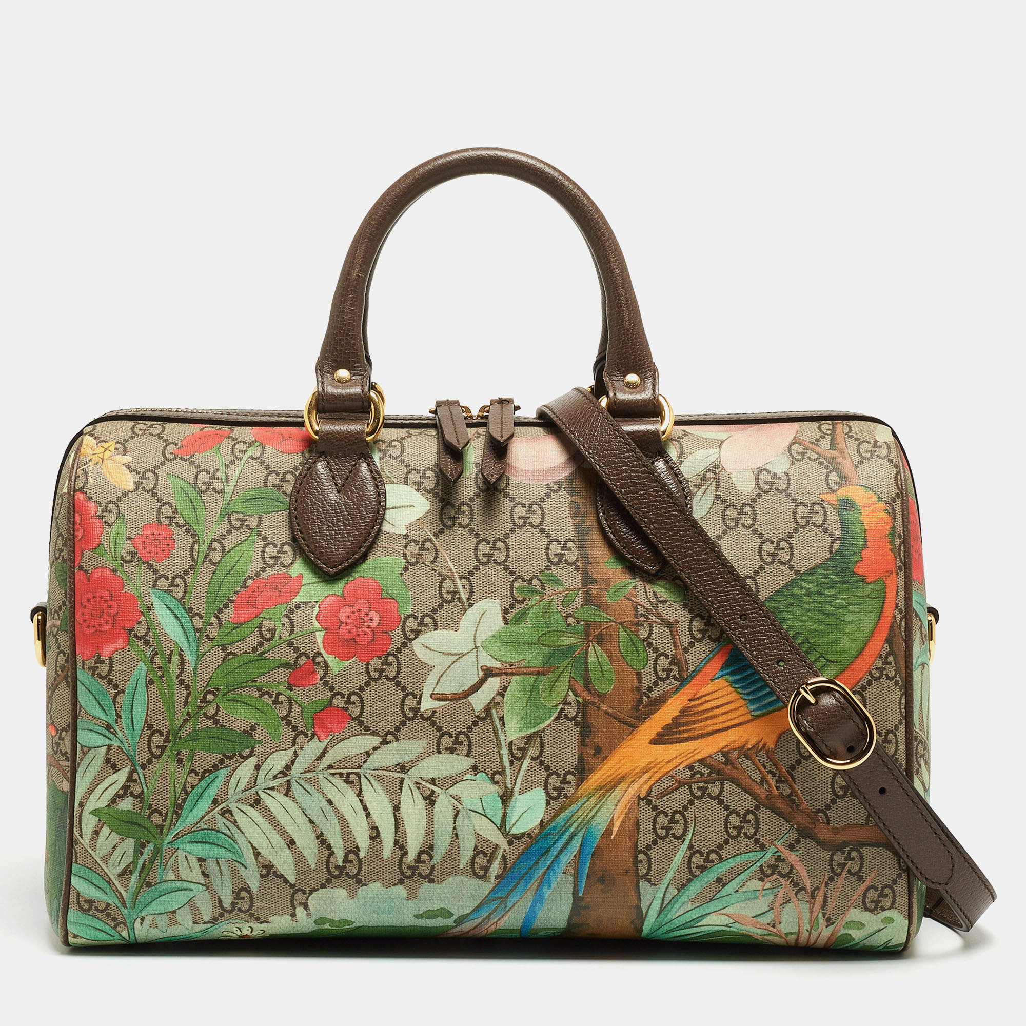 Pre Owned Gucci Brown/Beige Tian Print GG Supreme Canvas Medium Boston Bag