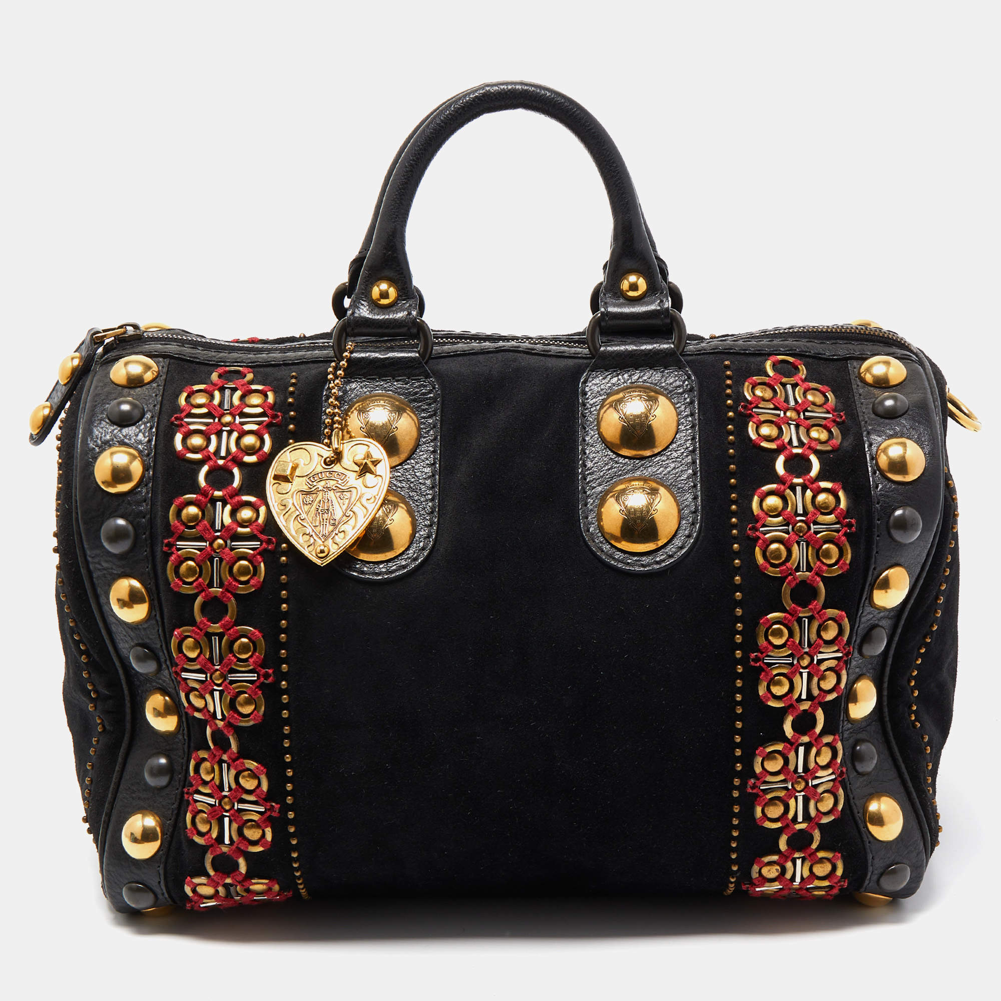 Pre Owned Gucci Black Suede and Leather Babouska Embellished Boston Bag