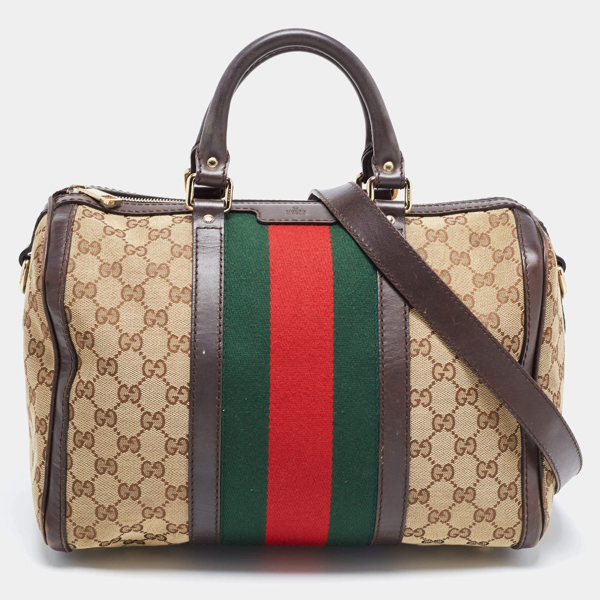 Pre Owned Gucci Brown/Beige GG Canvas Medium Vintage Web Boston Bag