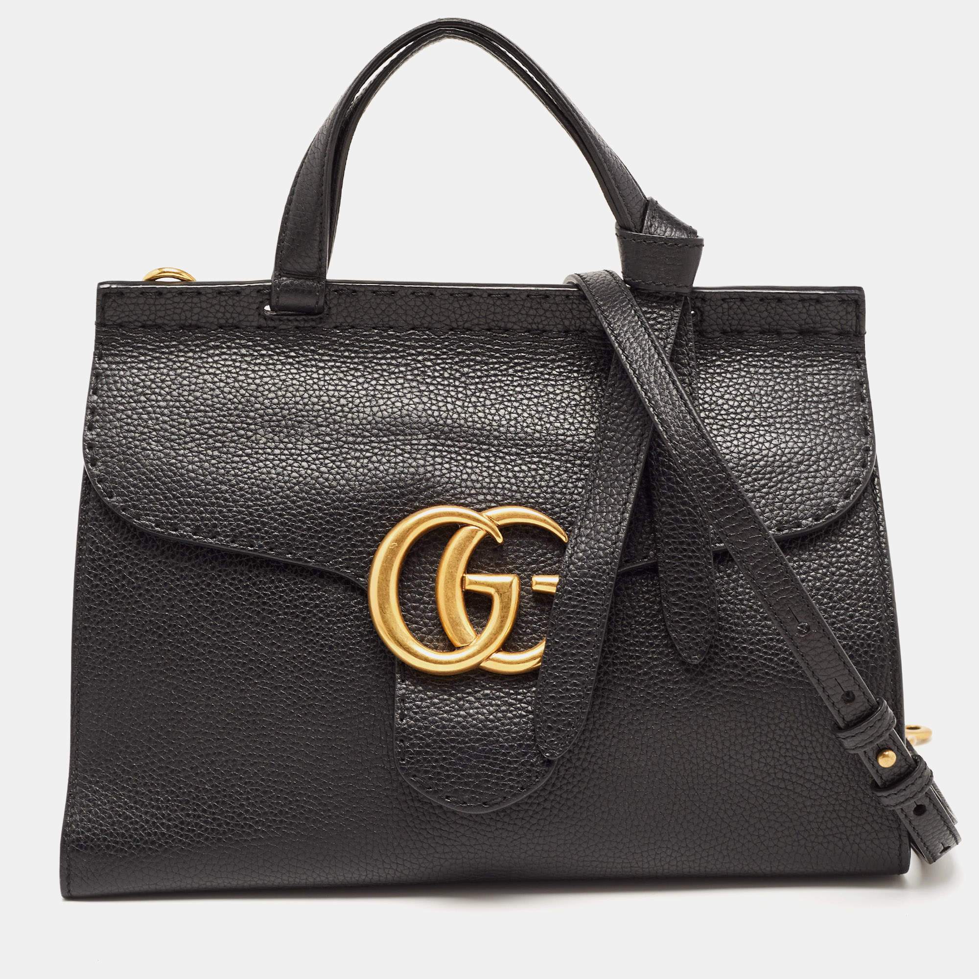 Pre Owned Gucci Black Leather Medium GG Marmont Top Handle Bag