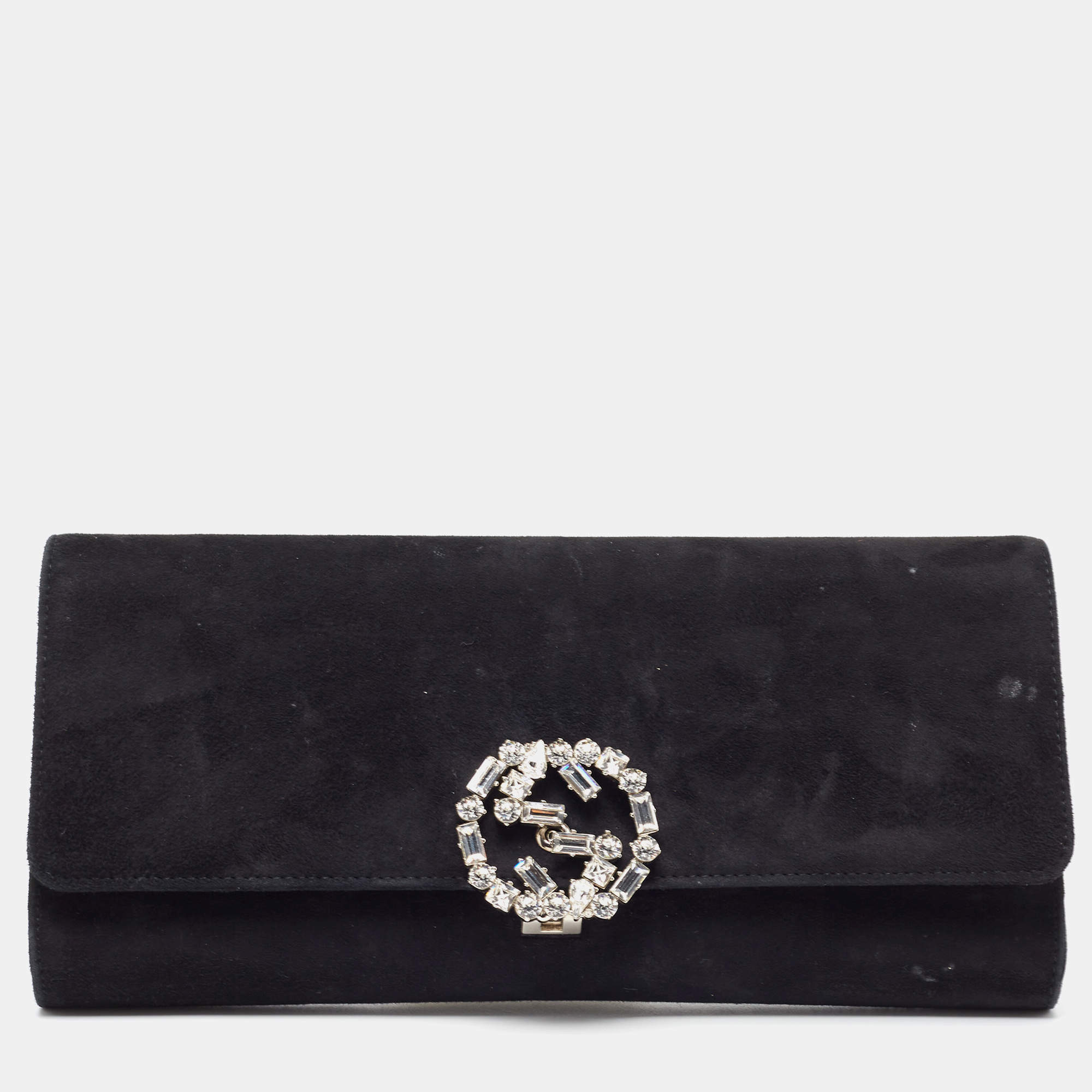Pre Owned Gucci Black Suede GG Crystal Broadway Clutch