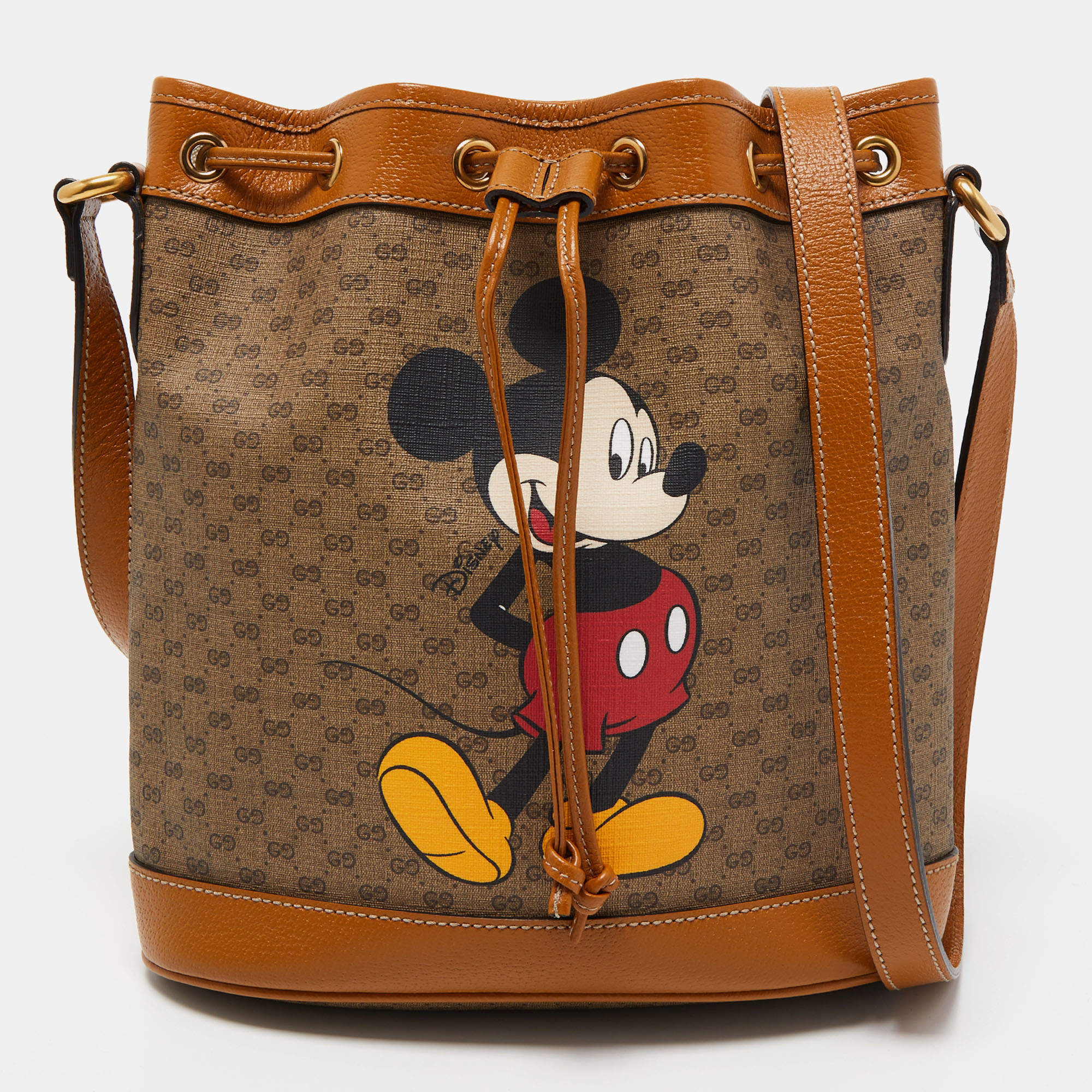 Gucci x Disney Beige/Brown Micro GG Canvas and Leather Small Mickey Mouse Print Bucket Bag 