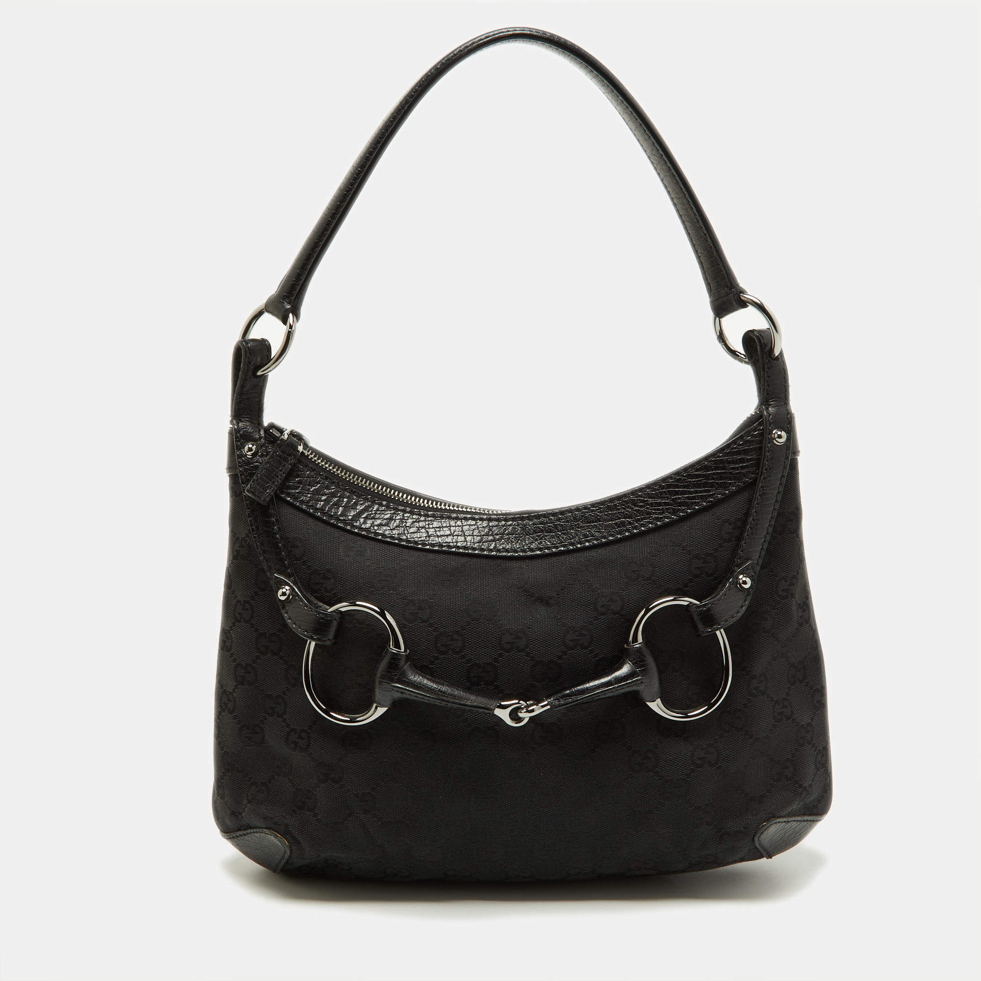 Pre Owned Gucci Black GG Canvas and Leather Horsebit Hobo