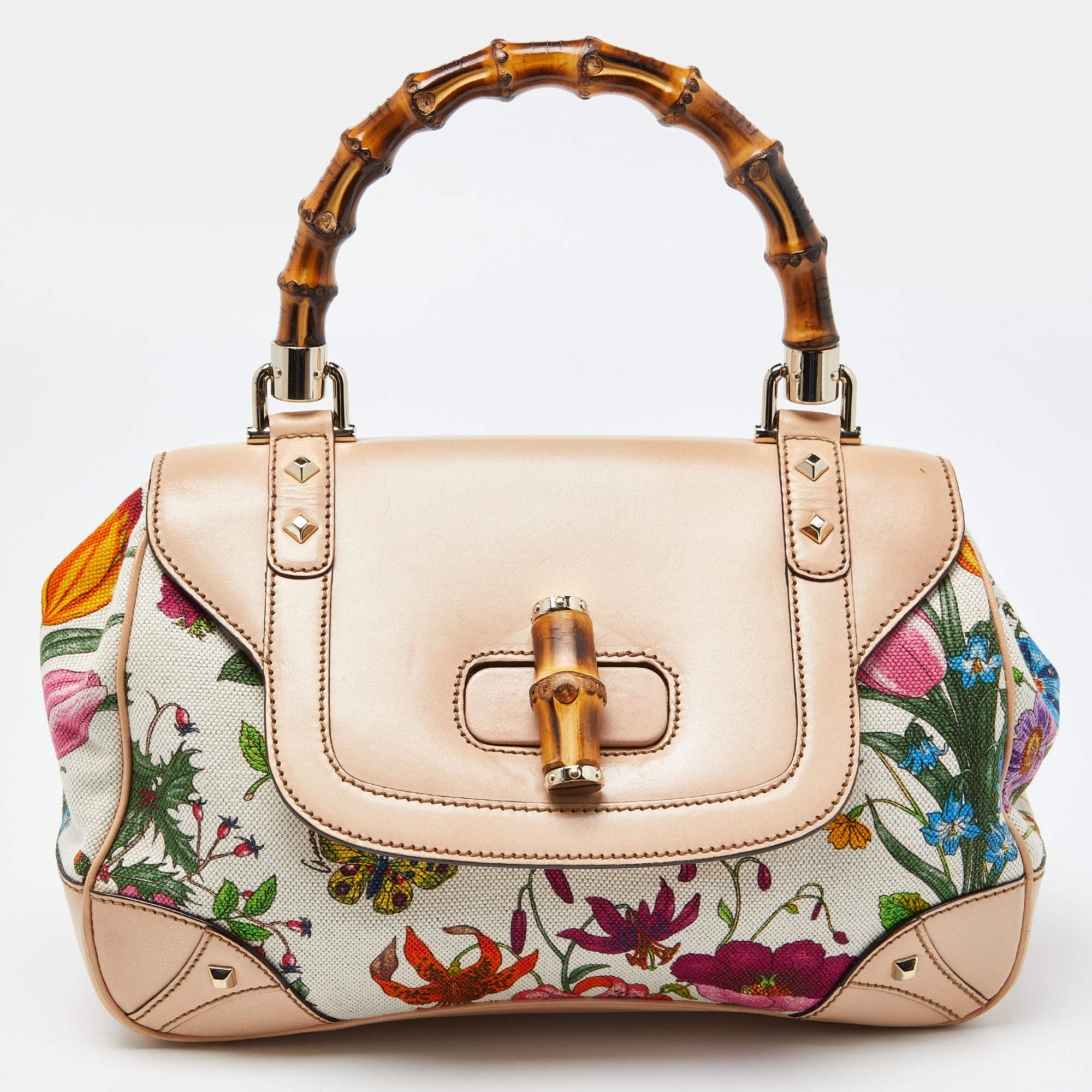 Pre Owned Gucci Multicolor Floral Canvas and Leather Bamboo Top Handle Bag